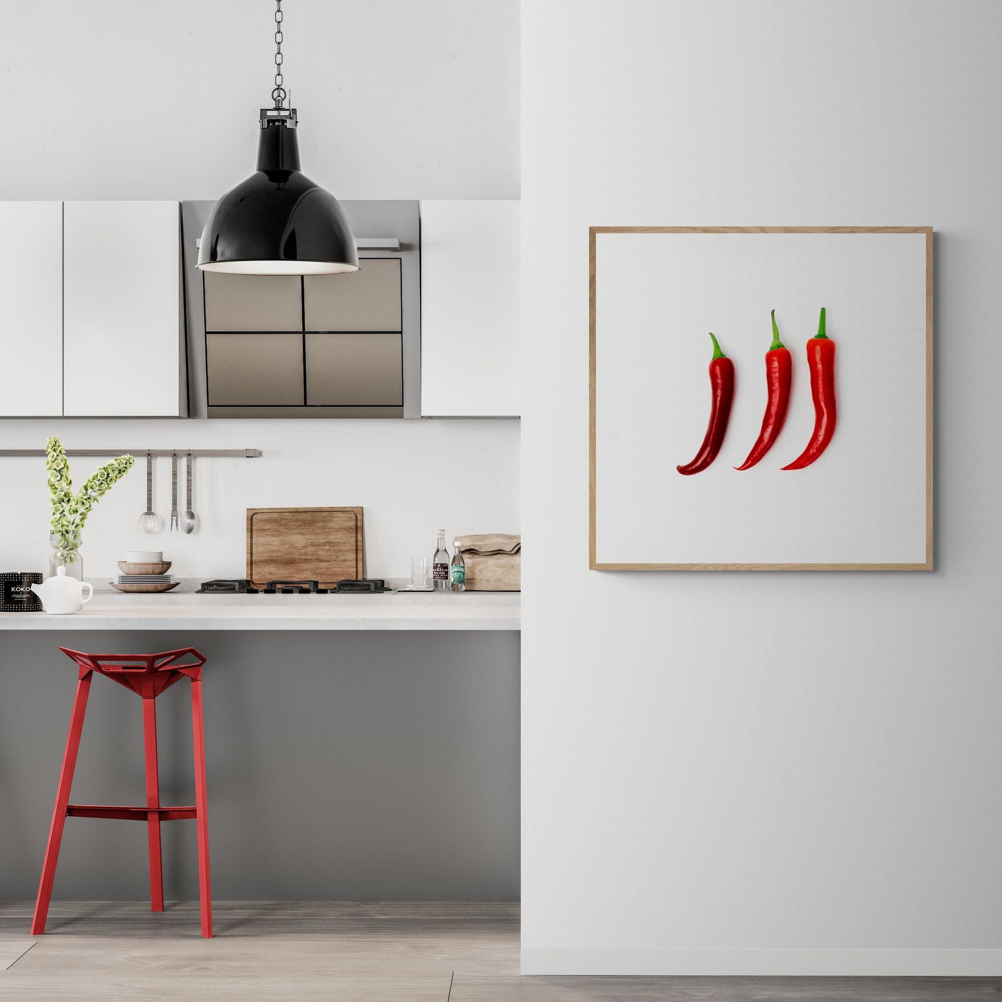 Red Hot Chillies print in in-modern-kitchen by Kirsten Clark art