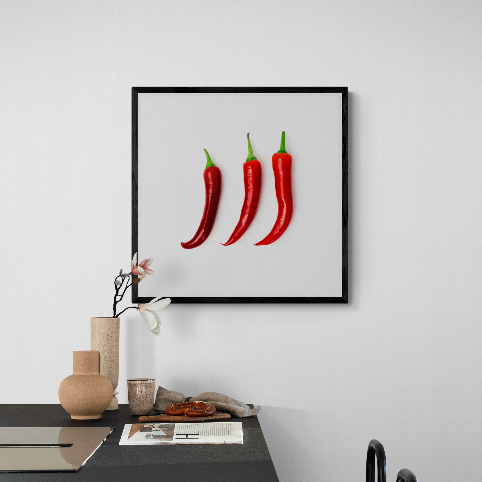 Red chilli print with black frame - kitchen art by Kirsten Clark art