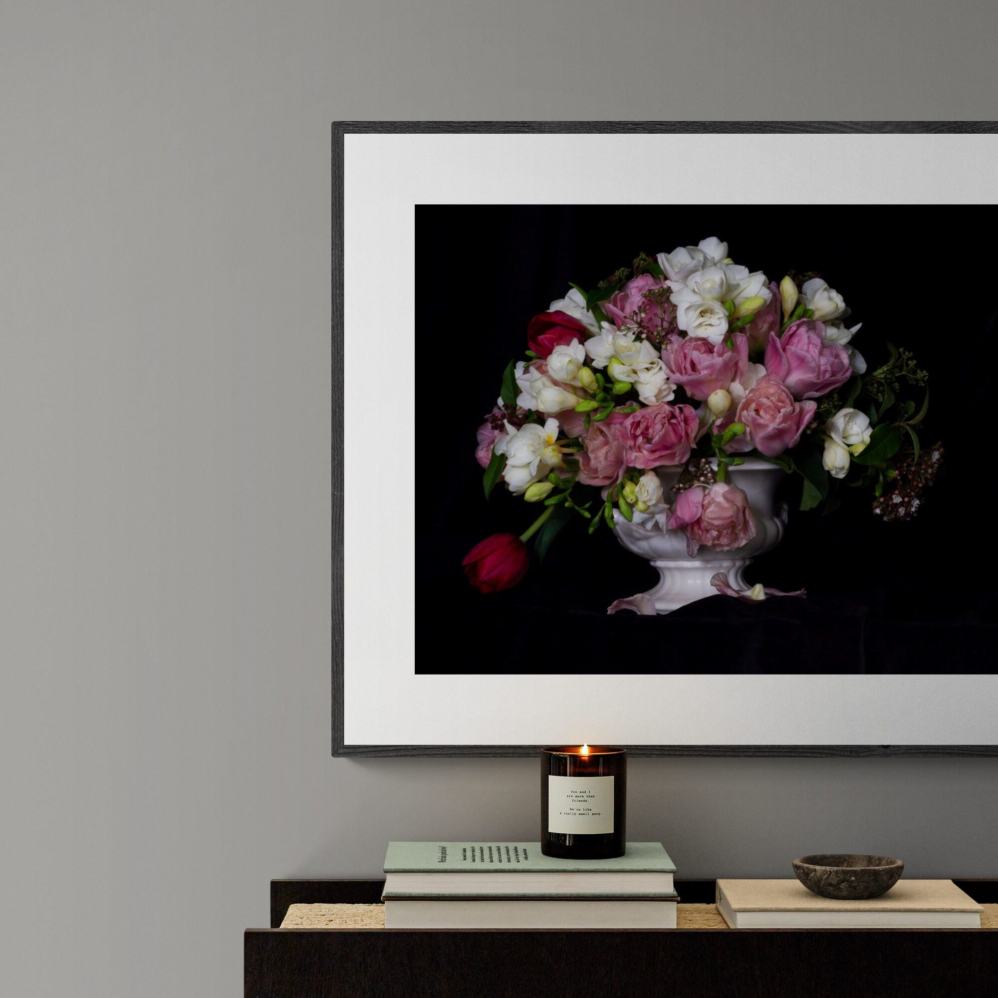 Still Life Floral Print in contemporary living room by Kirsten Clark Art