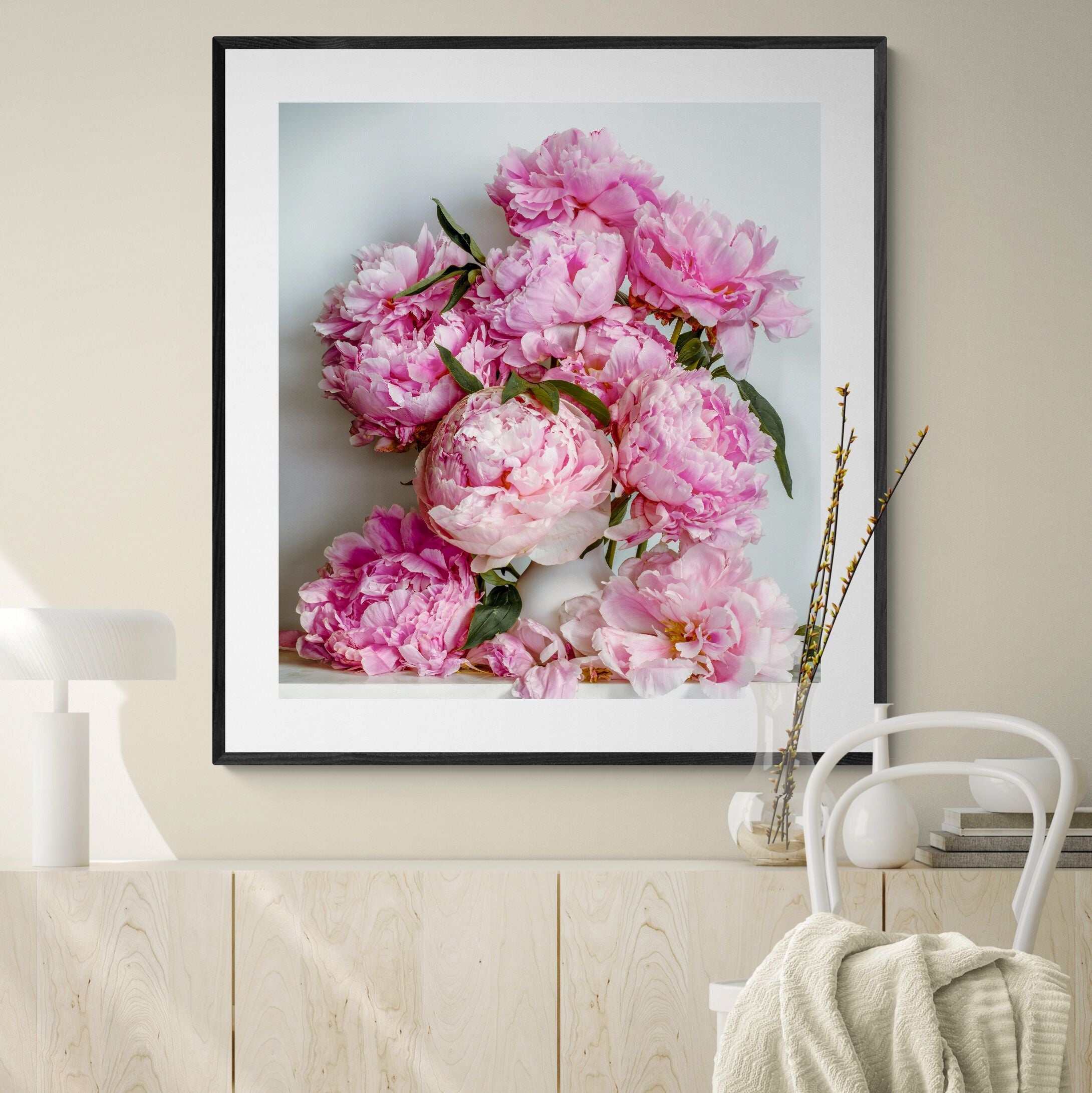 Still Life Pink Peonies Print aboe console by Kirsten Clark Art