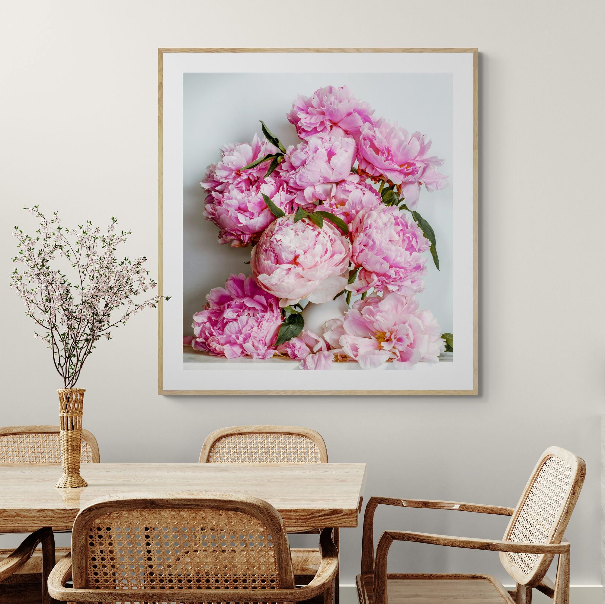 Still Life Pink Peonies Print in dining area by Kirsten Clark Art