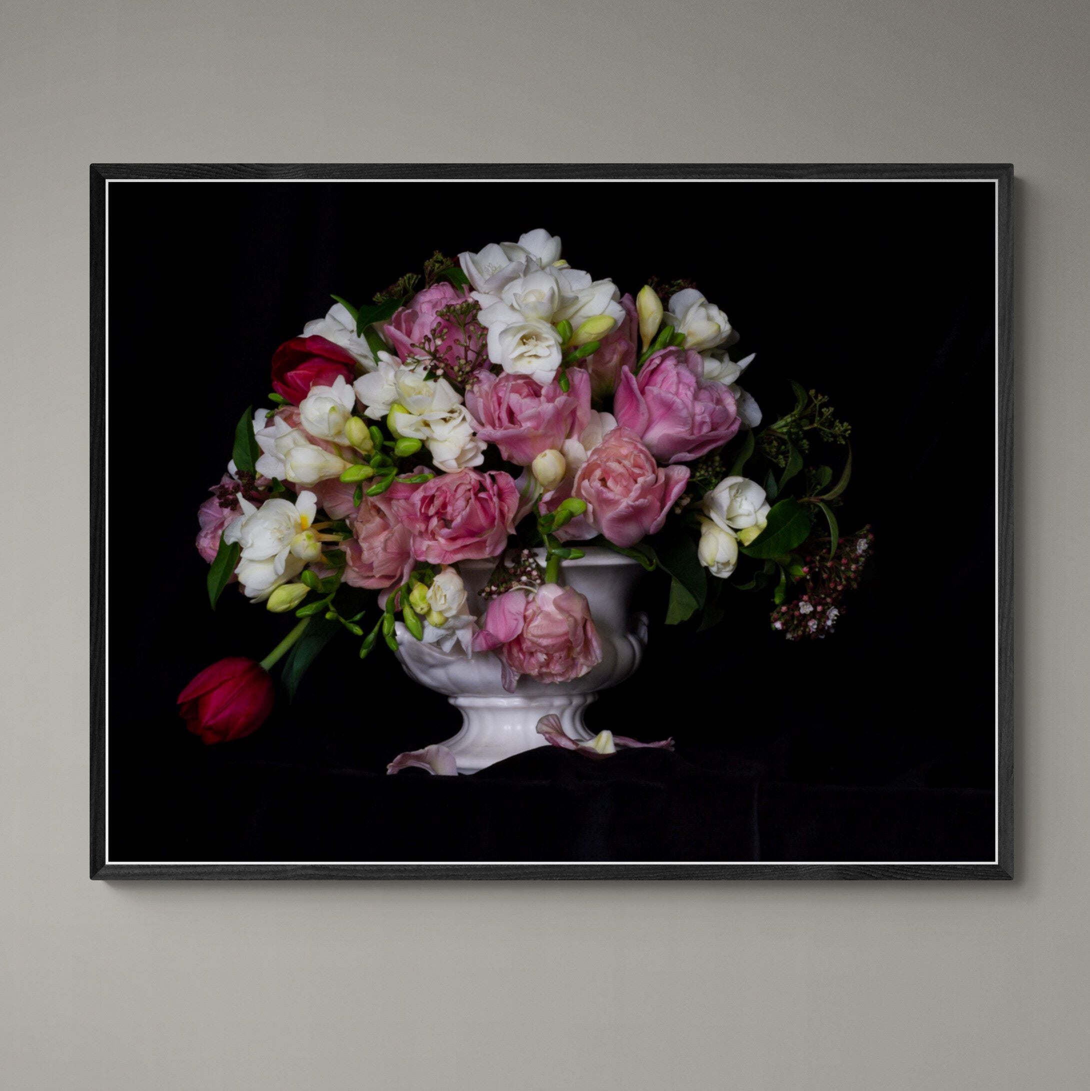 Still_Life_Tulips_Poppies_and_Freesias_Canvas_Print_with_black_frame_on_wall by Kirsten Clark Art