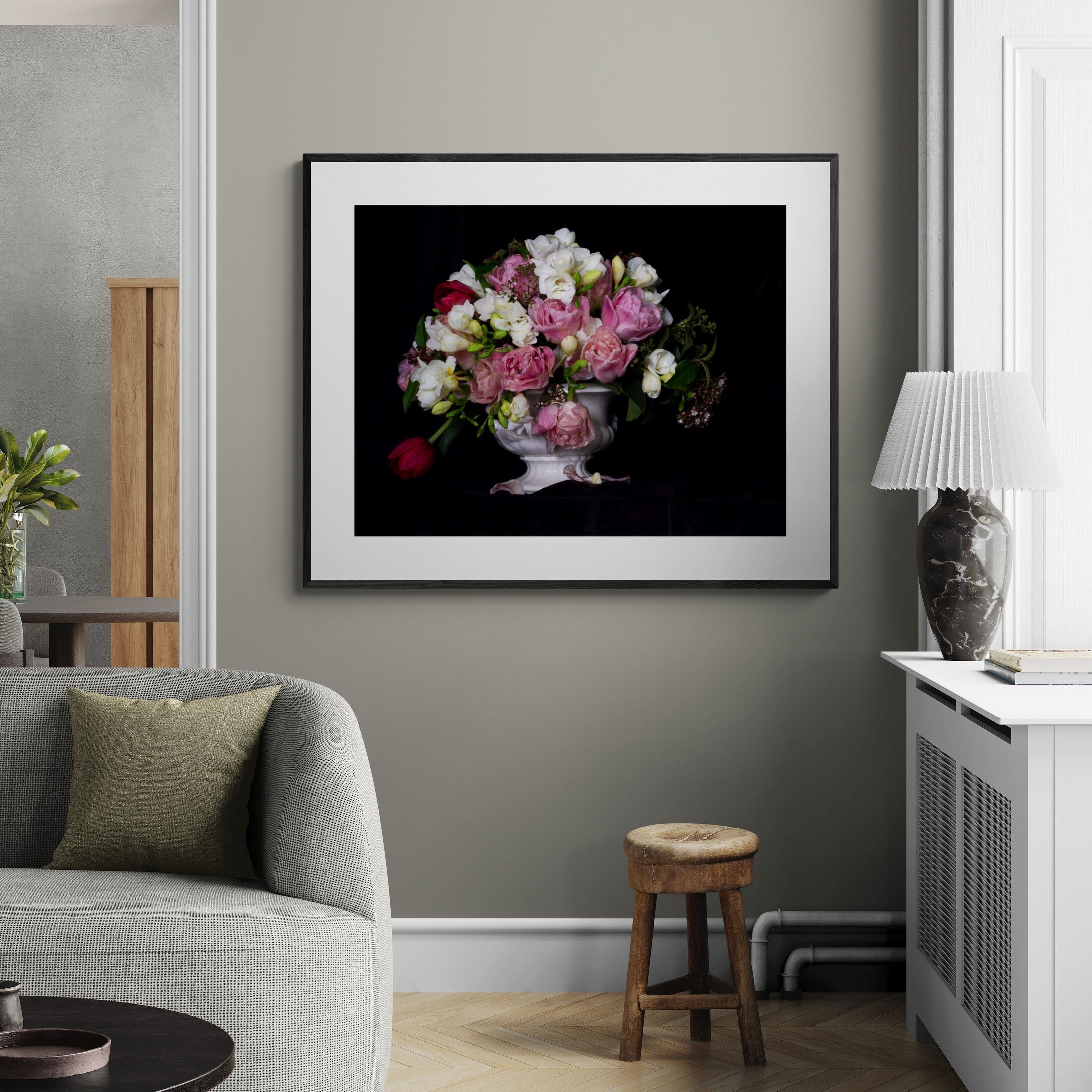 Still Life Tulips Poppies and Freesias Print in living room by Kirsten Clark Art