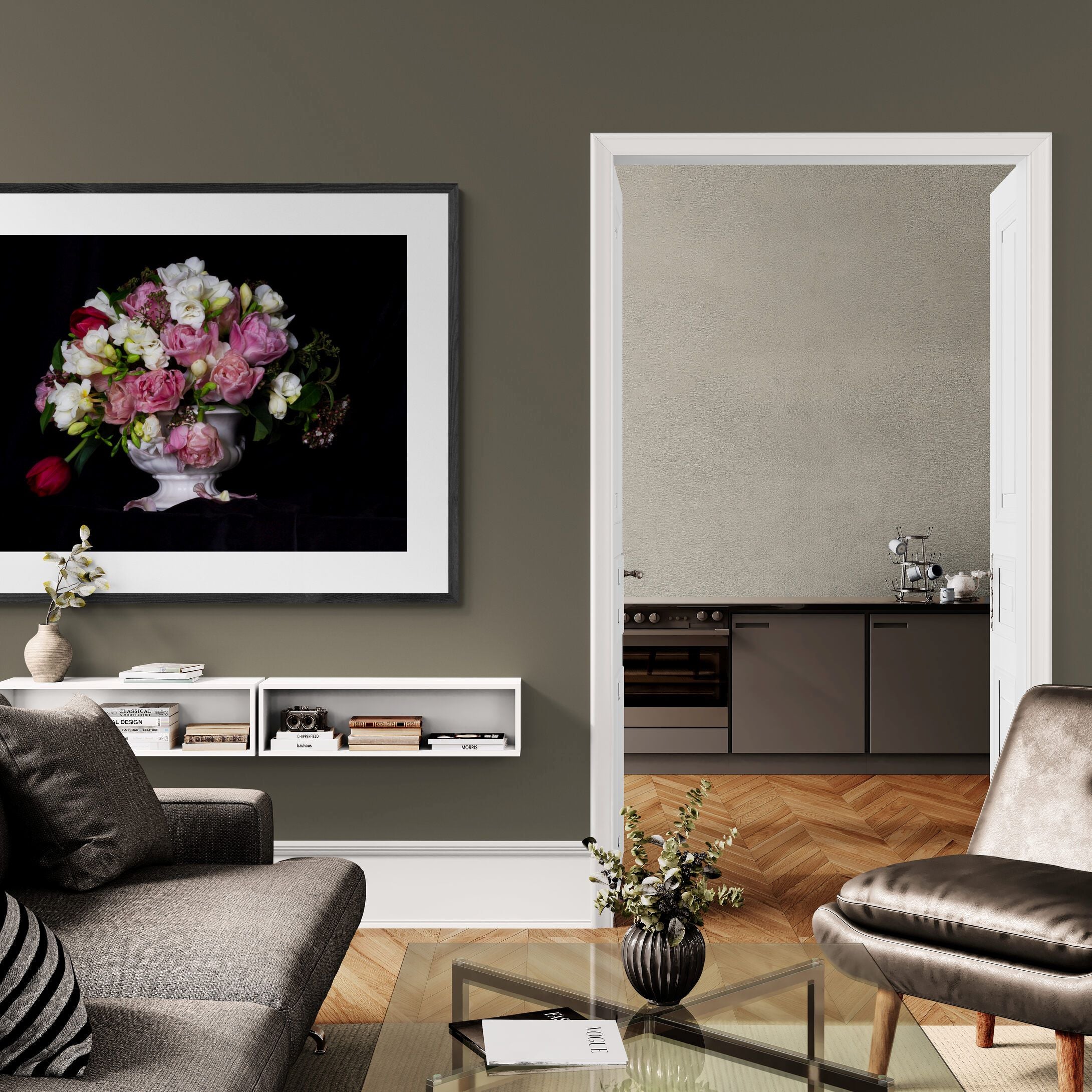Still Life Tulips Poppies and Freesias Print in modern living room by Kirsten Clark Art