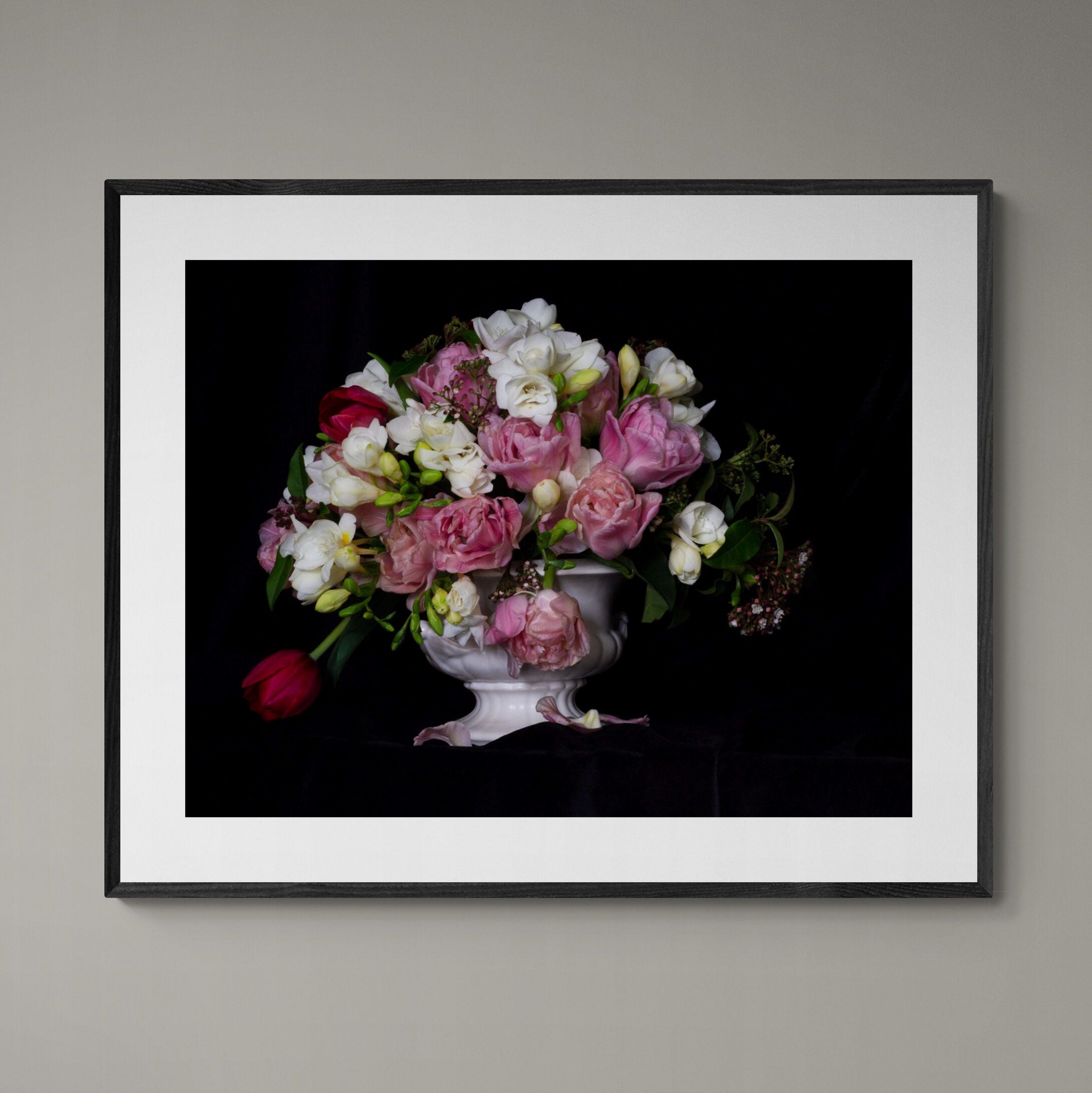 Still Life Tulips Poppies and Freesias Print with black frame on wall by Kirsten Clark Art