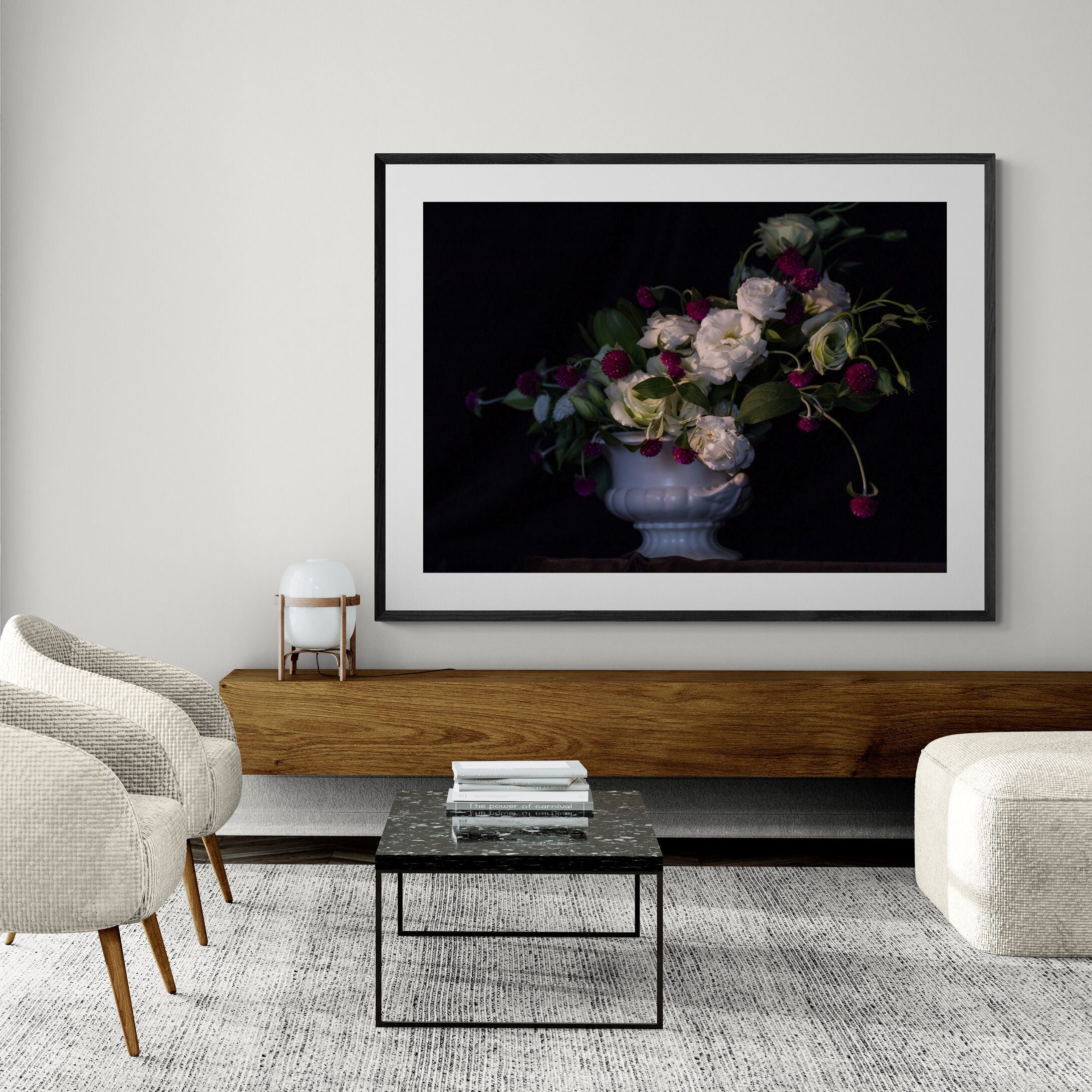 Still Life White & Crimson floral print in stylish living room by Kirsten Clark Art