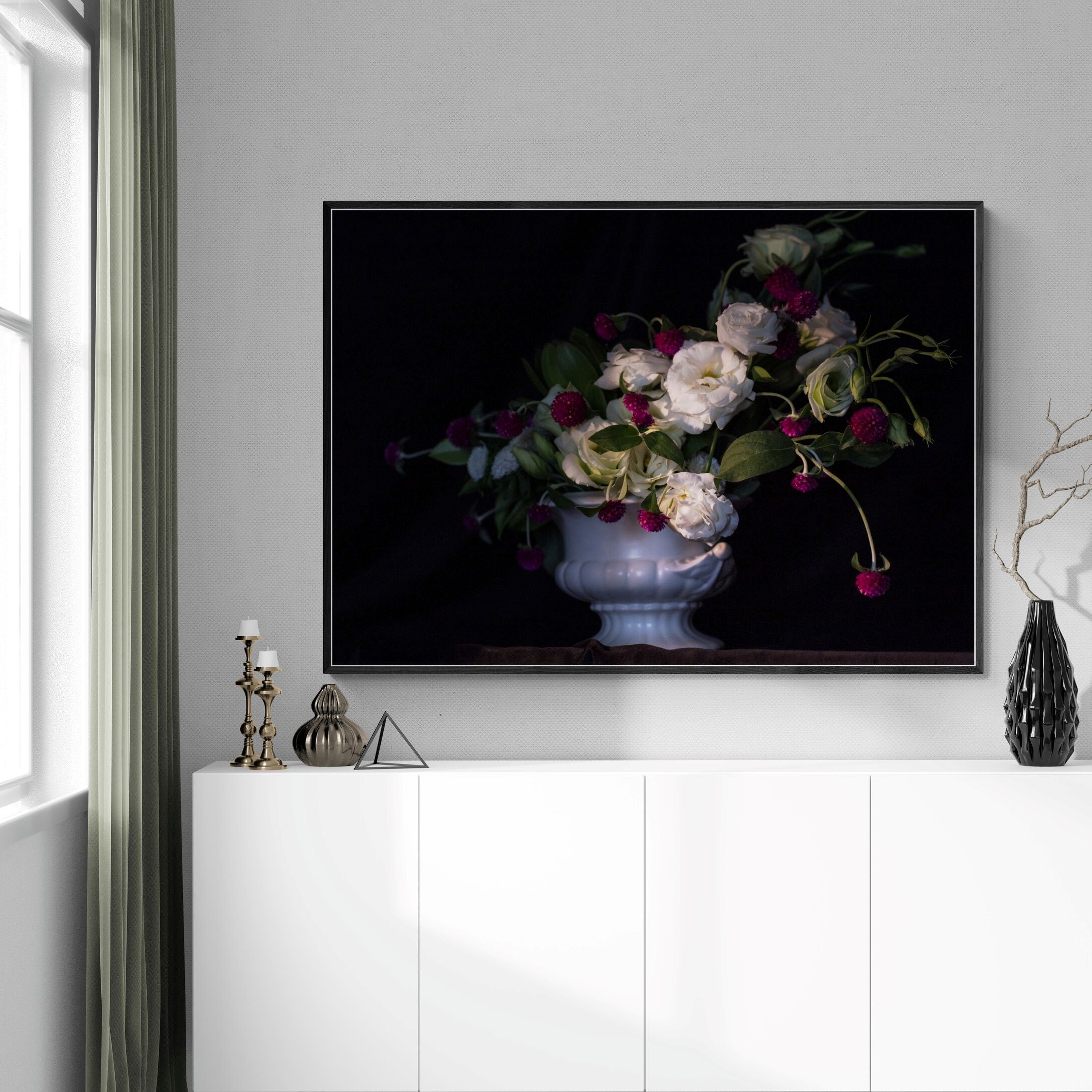 Still Life White & Crimson flower arrangement canvas print framed above console by Kirsten Clark Art