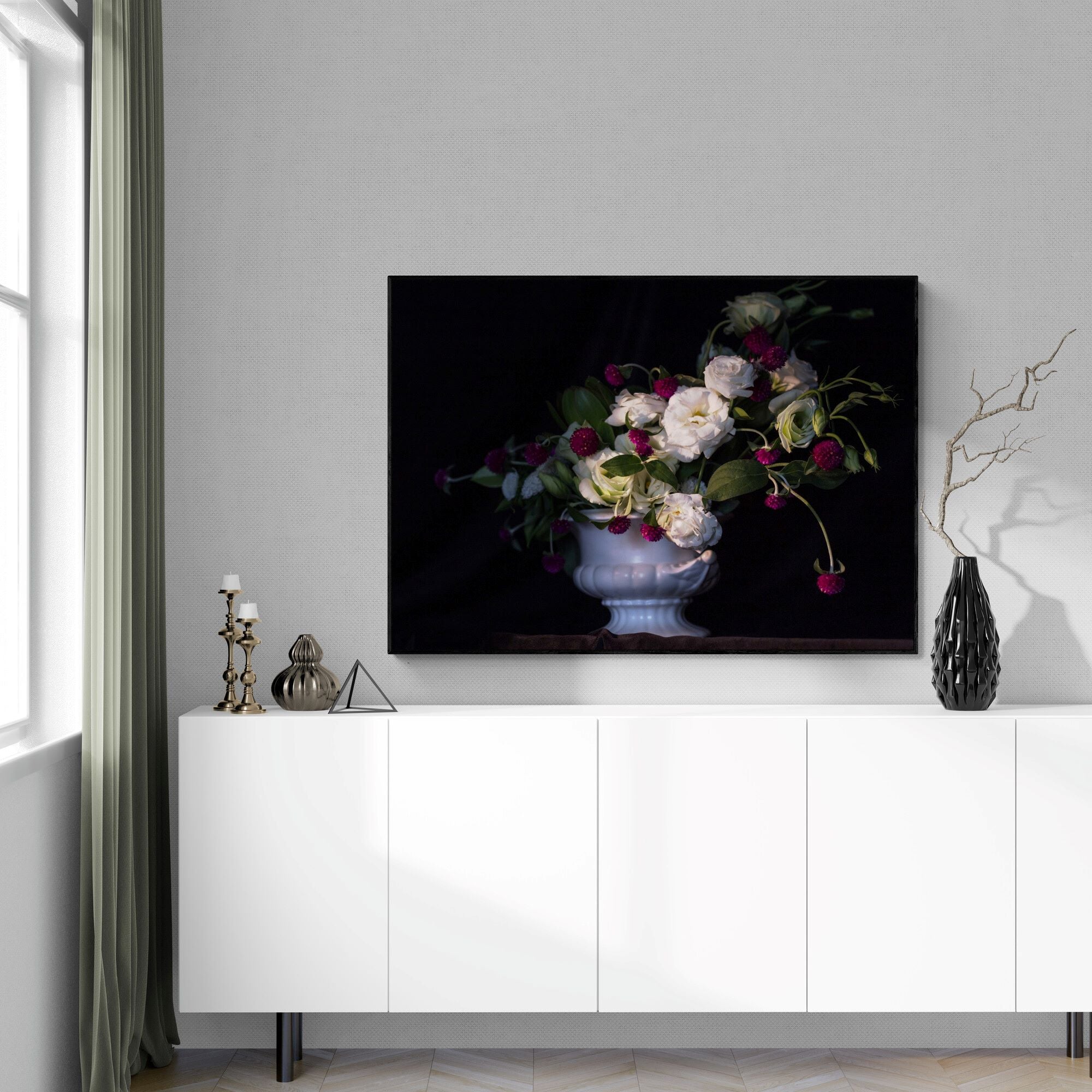 Still life White Crimson Flowers Canvas Print above console by kirsten clark art