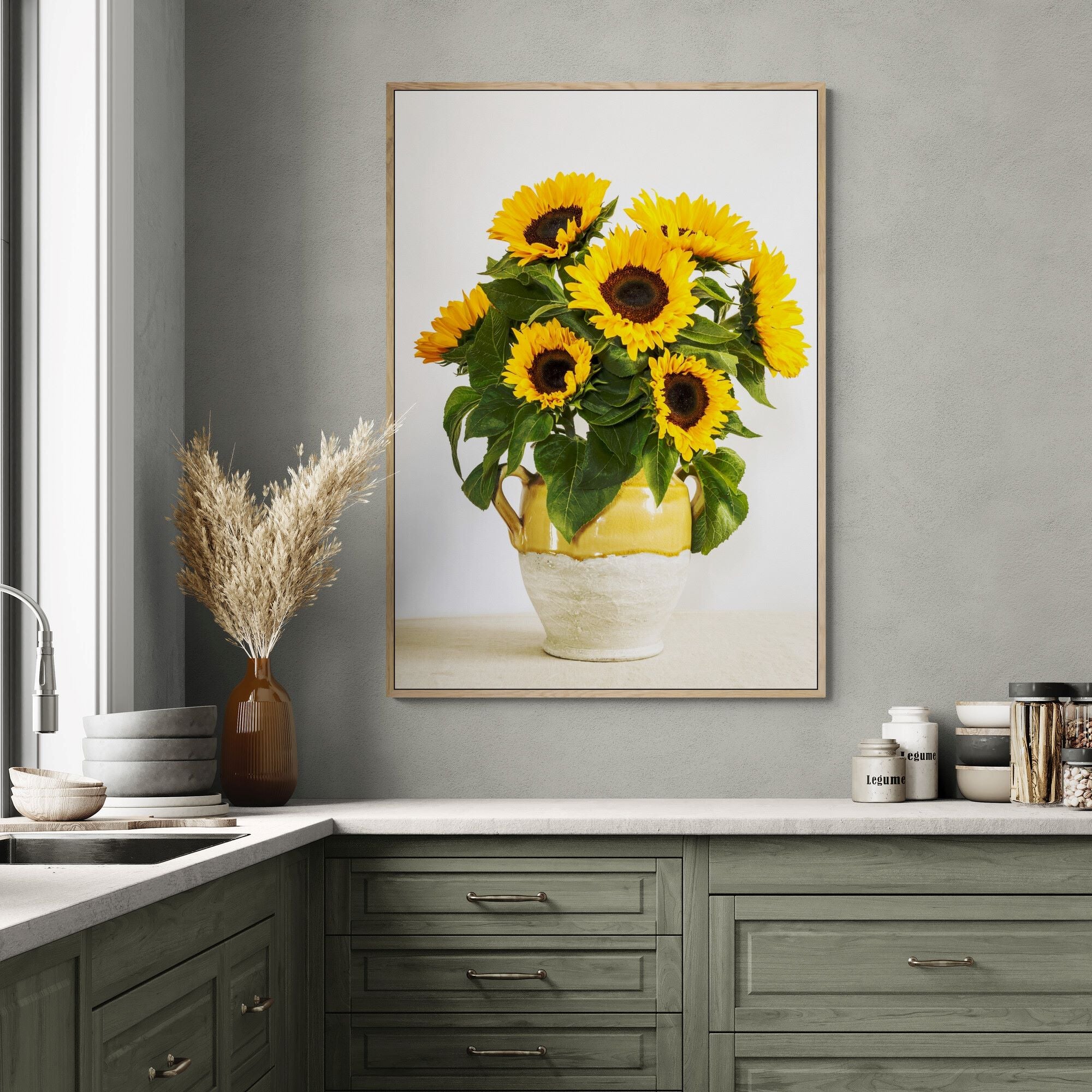 Sunflower in a rustin urn print in kitchen-with-wooden-cabinetry