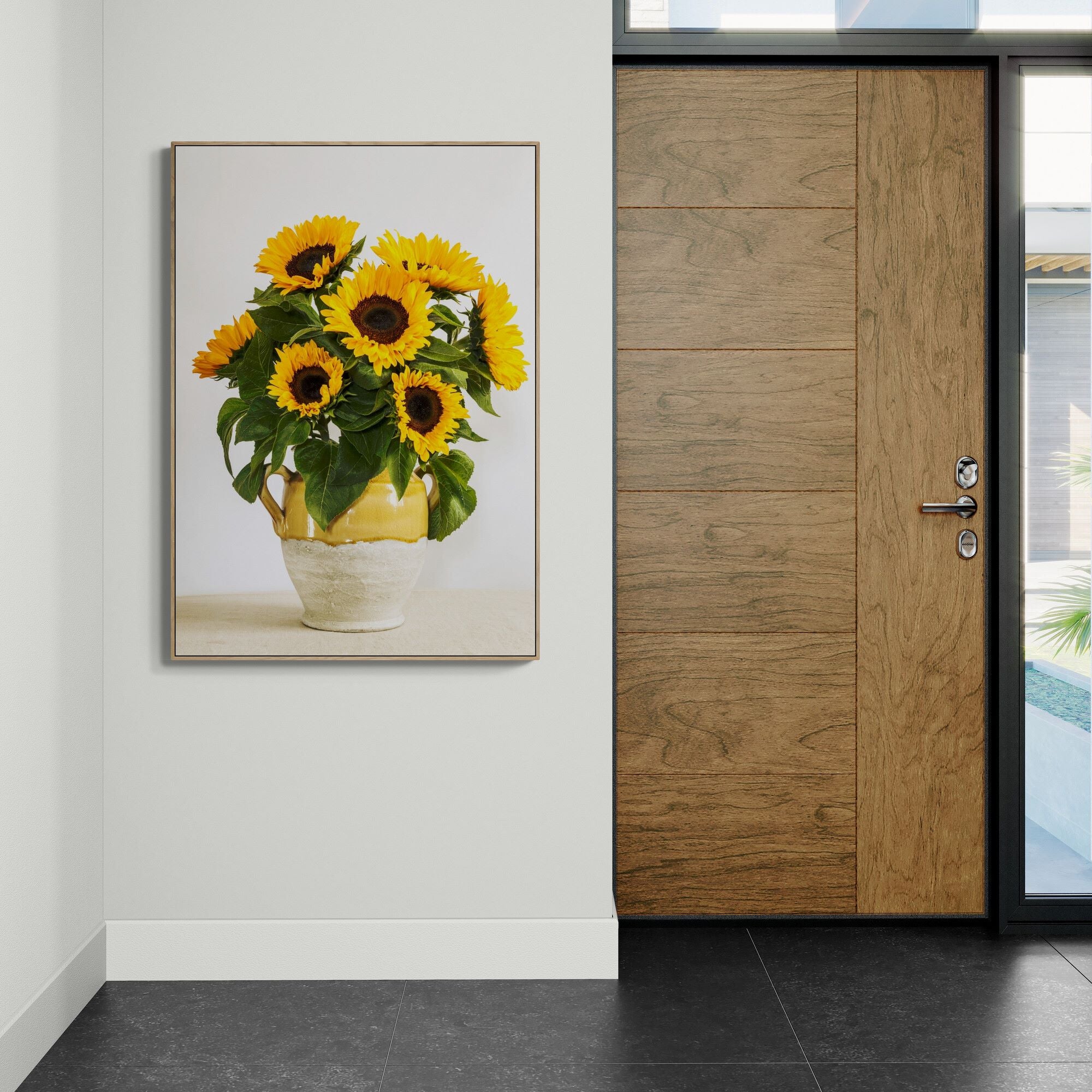 Sunflowers in an urn canvas print with oak frame by Kirsten Clark Art