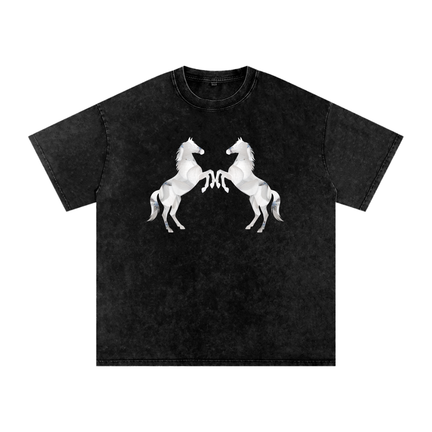 Twin White Horses on black Relaxed to Oversized Tees on white hydrangea background .