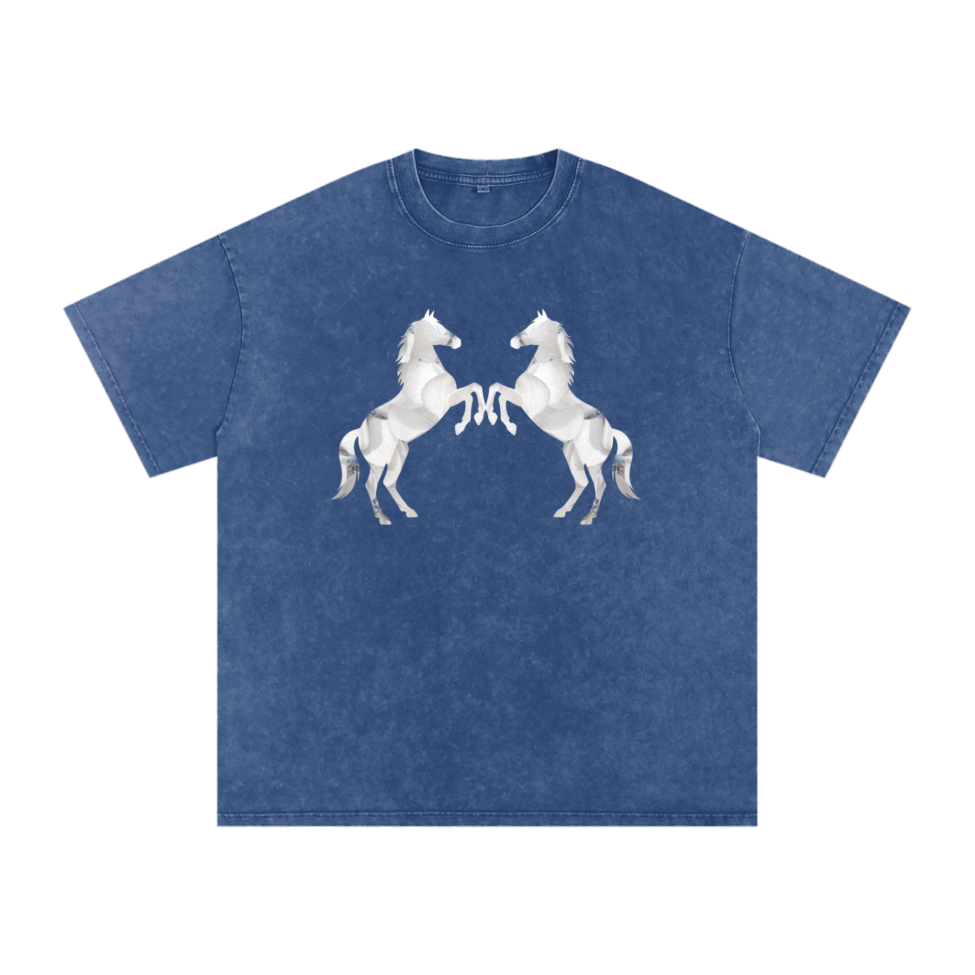 Blue vintage wash t-shirt with twin white horse graphic on a white background