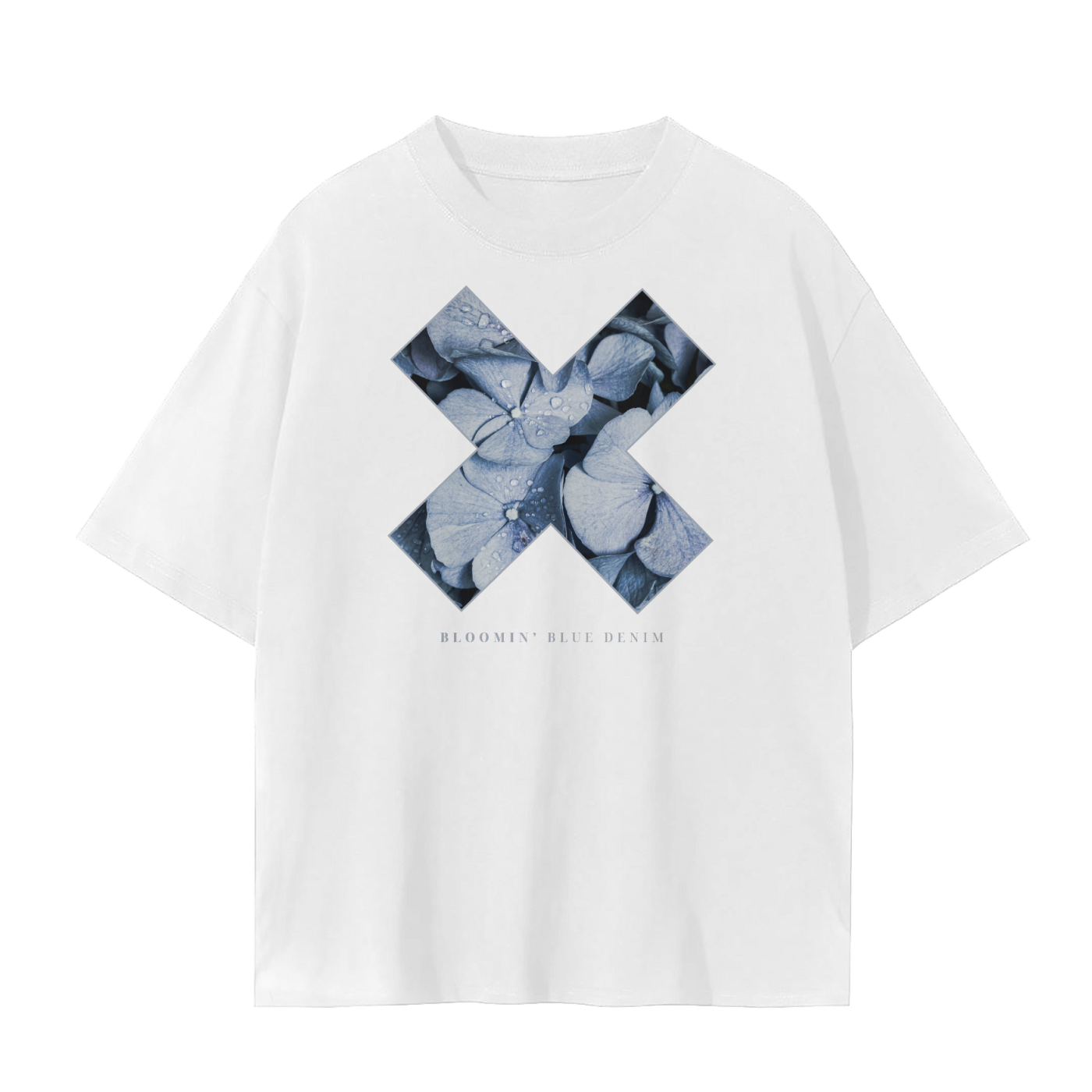 White t-shirt with blue floral design and text on a white background