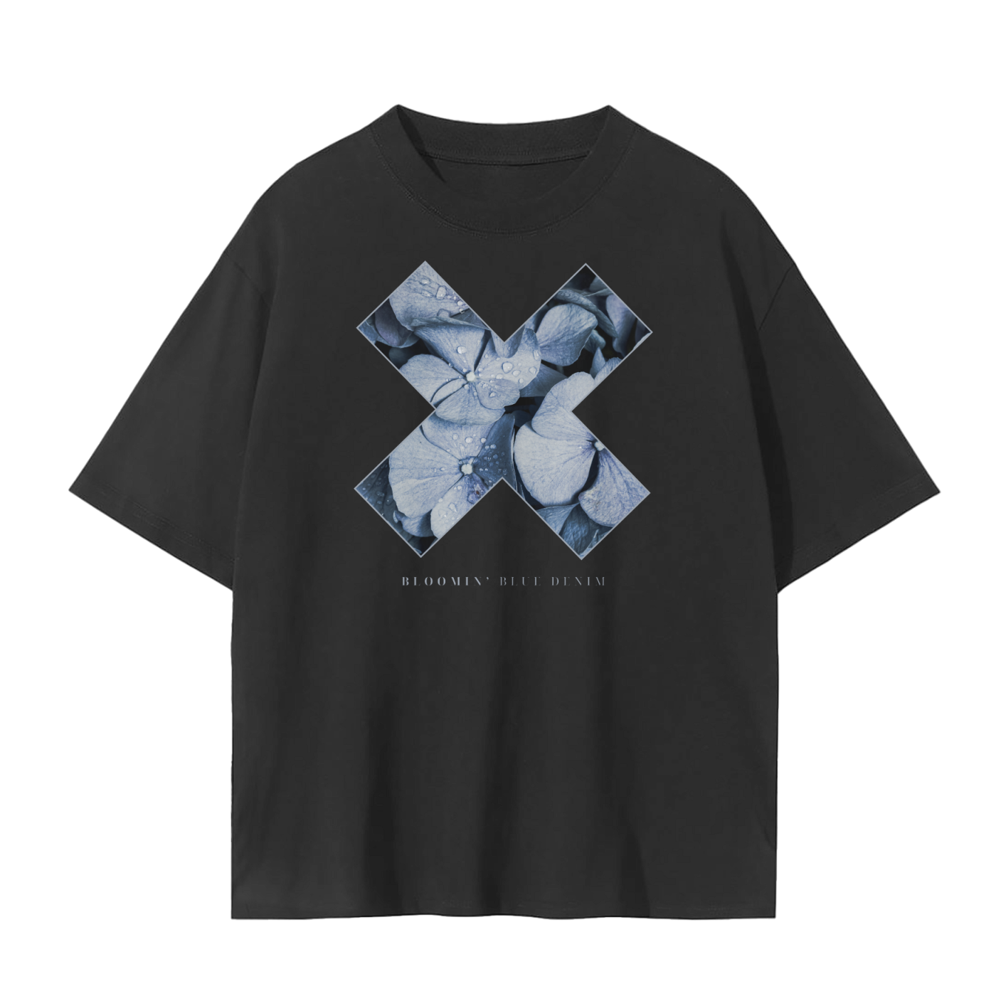 Black t-shirt with blue hydrangea design and text