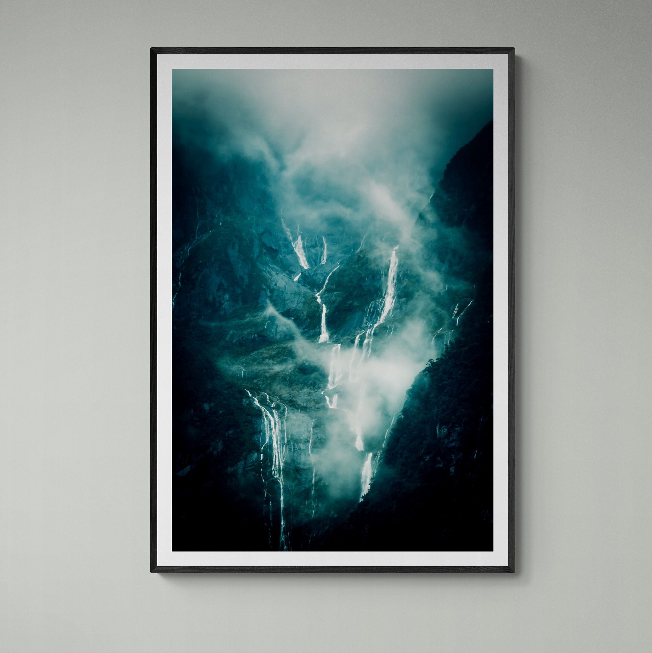Valley of the Falls print with charcoal frame on wall by Kirsten Clark Art
