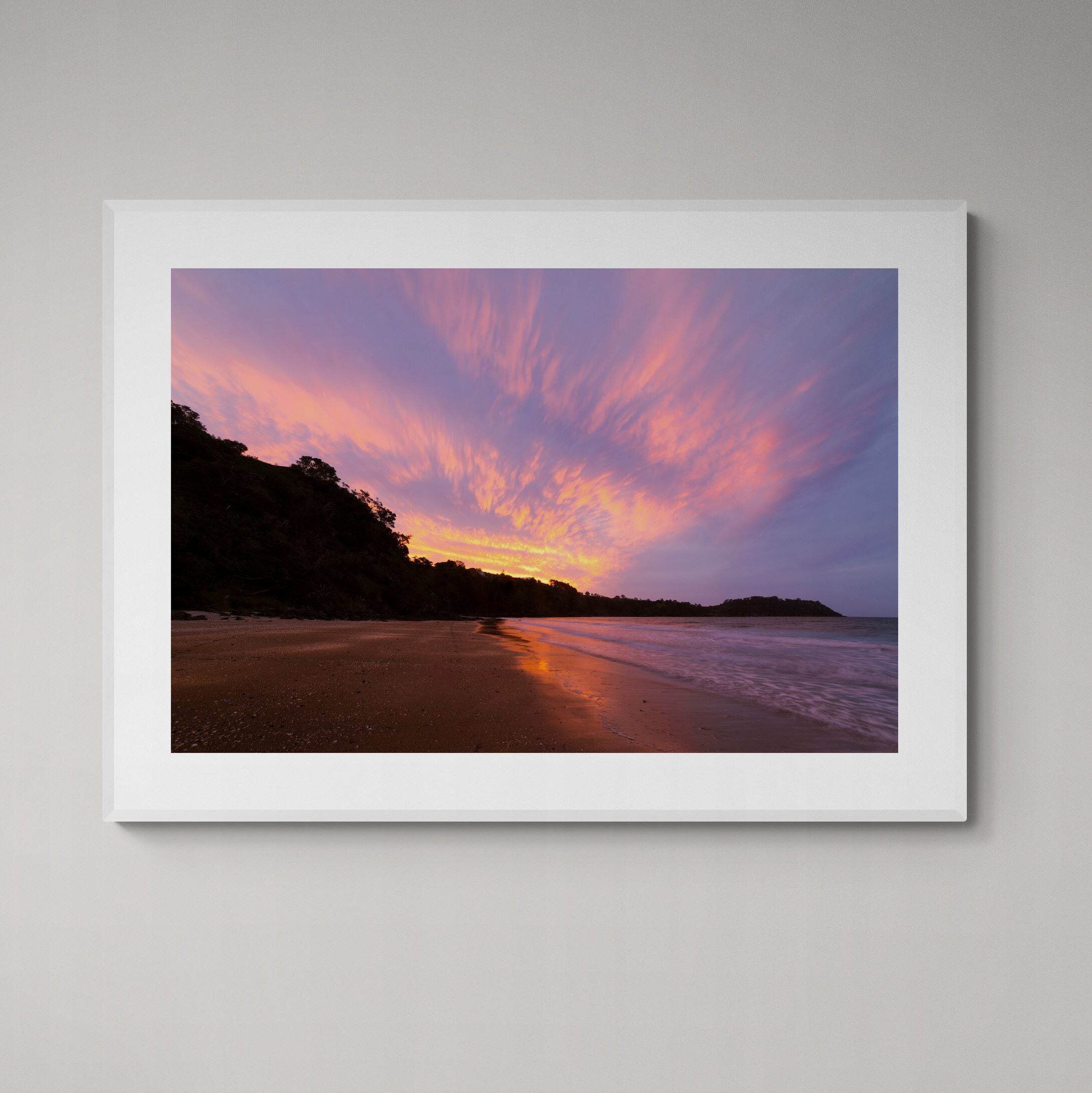 Waiheke Onetangi Beach Sunset Print framed on the wall by Kirsten Clark Art