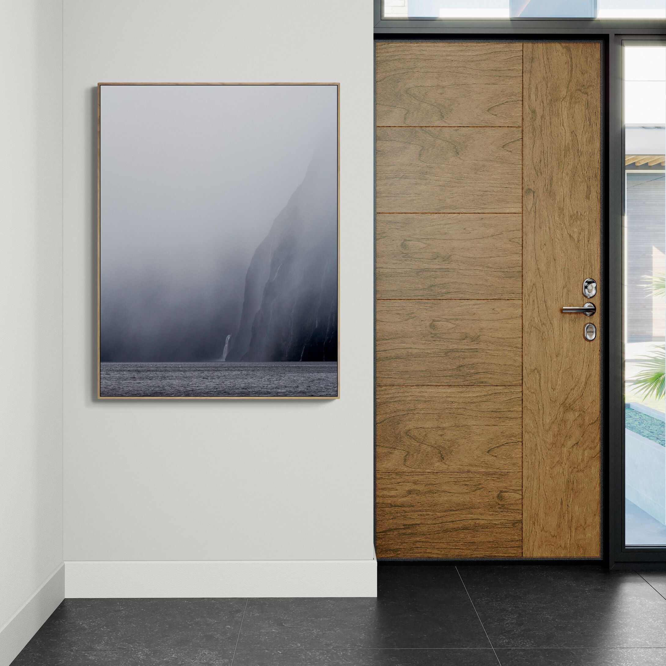 Milford Sound Waterfall Canvas Print in foyer by Kirsten Clark art