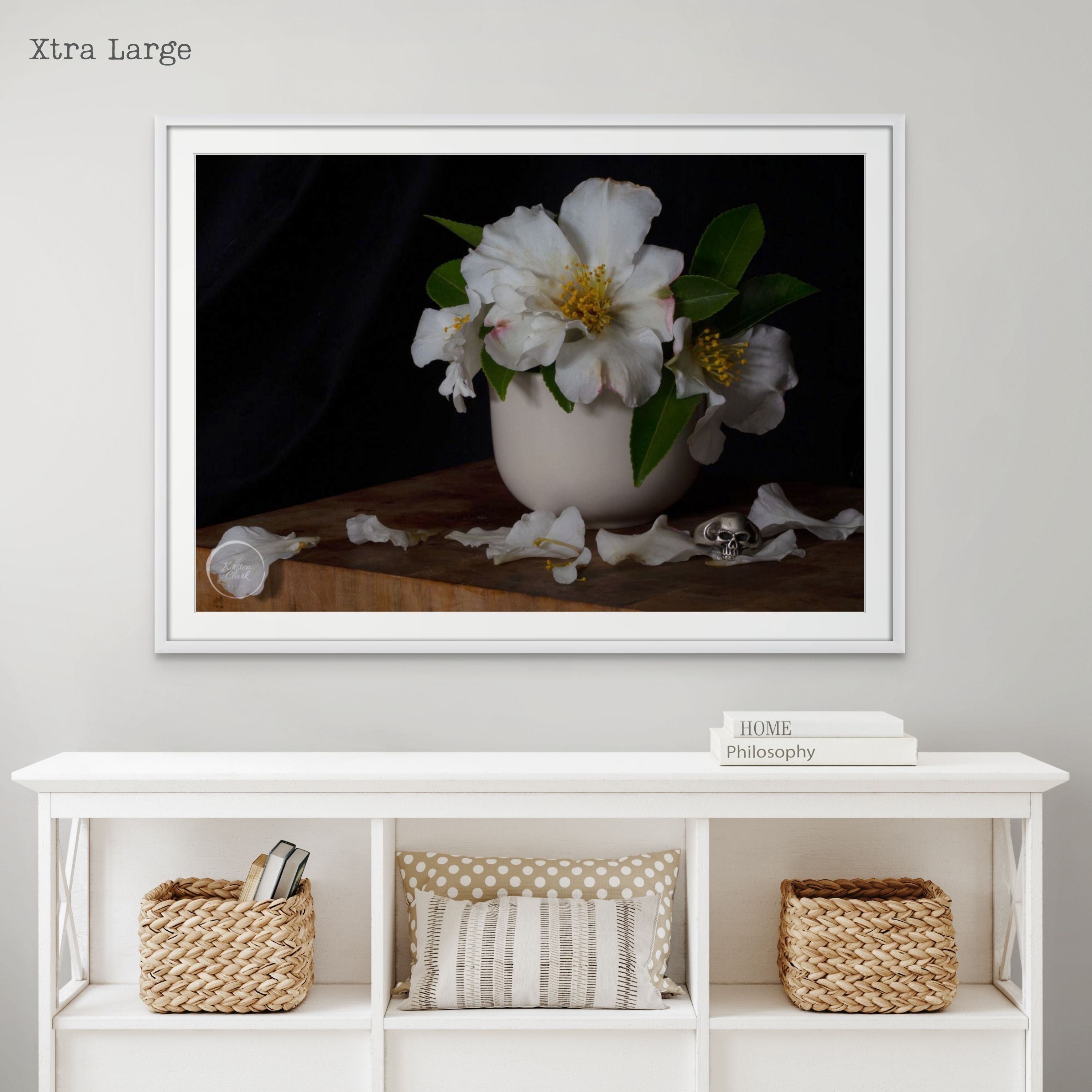White Camellias & Skull Ring XL Print by Kirsten Clark