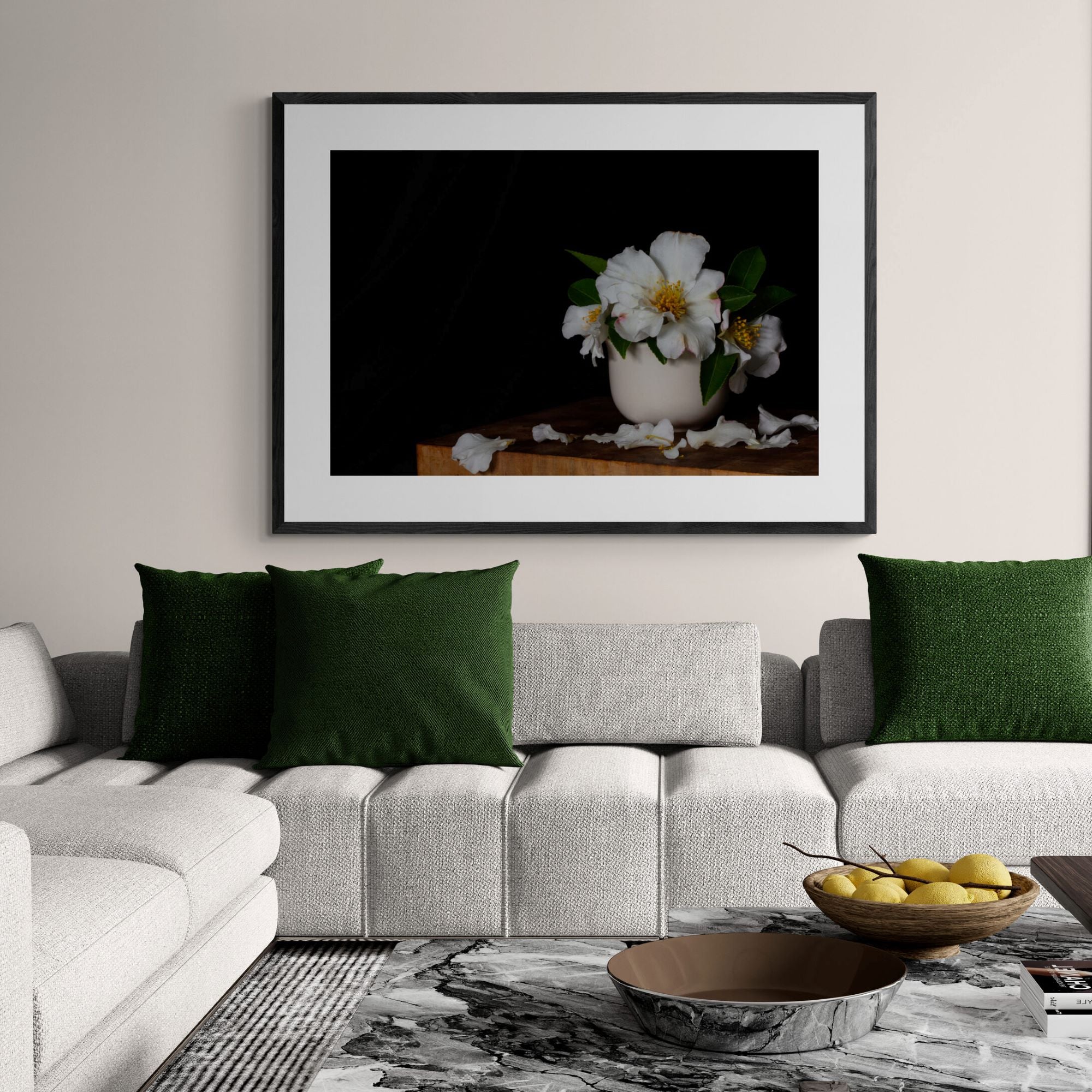 White Camellias print in modern living room by Kirsten Clark Art