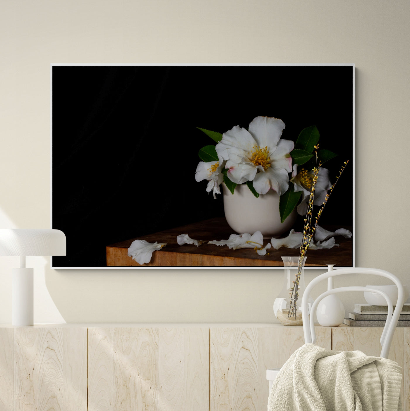 White camellias Still Life fine art canvas print white frame above console-web.jpg