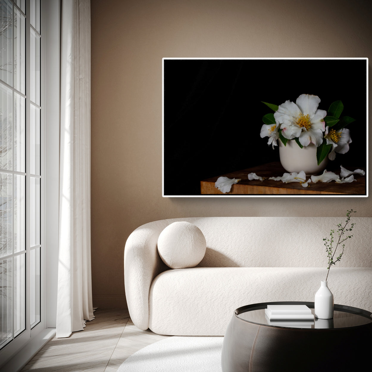White camellias still life fine art canvas print by Kirsten Clark NZ