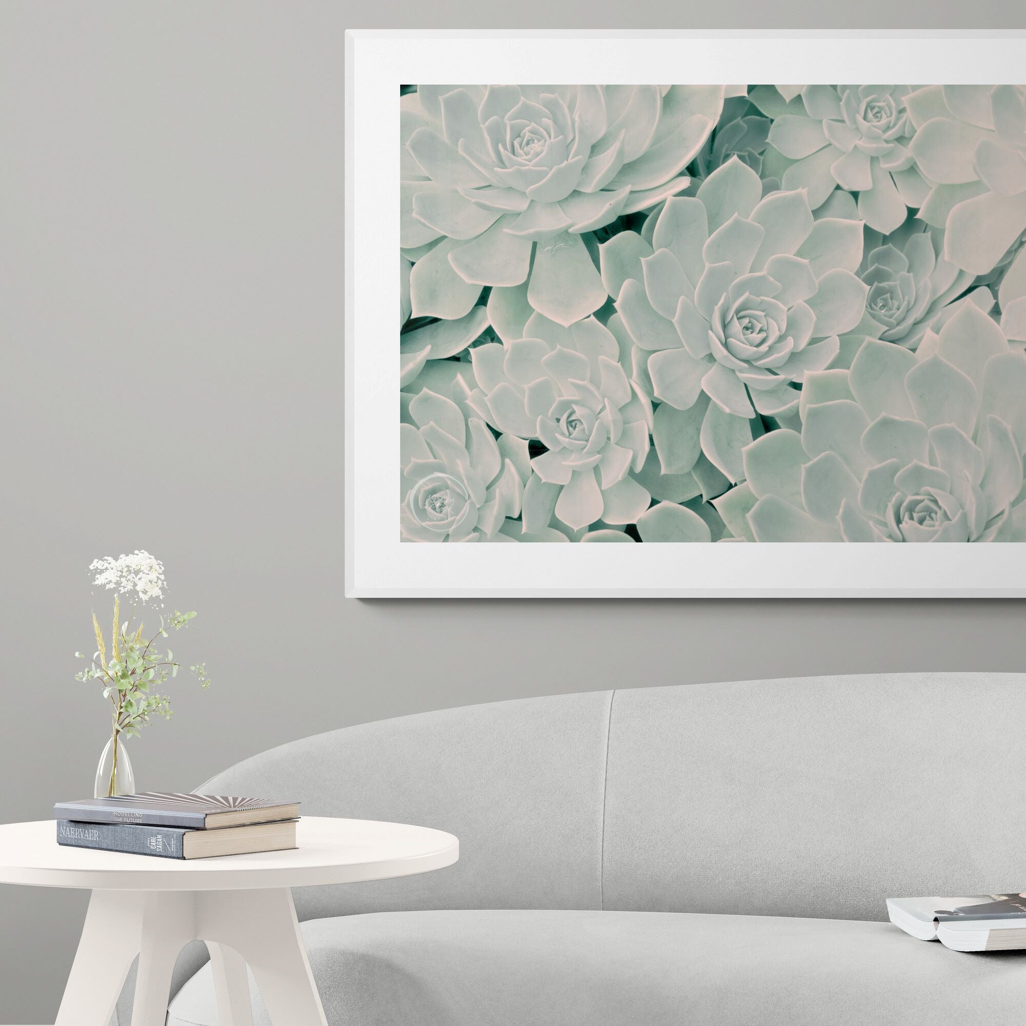 calm_succulents_print_in_living_room by Kirsten Clark Art