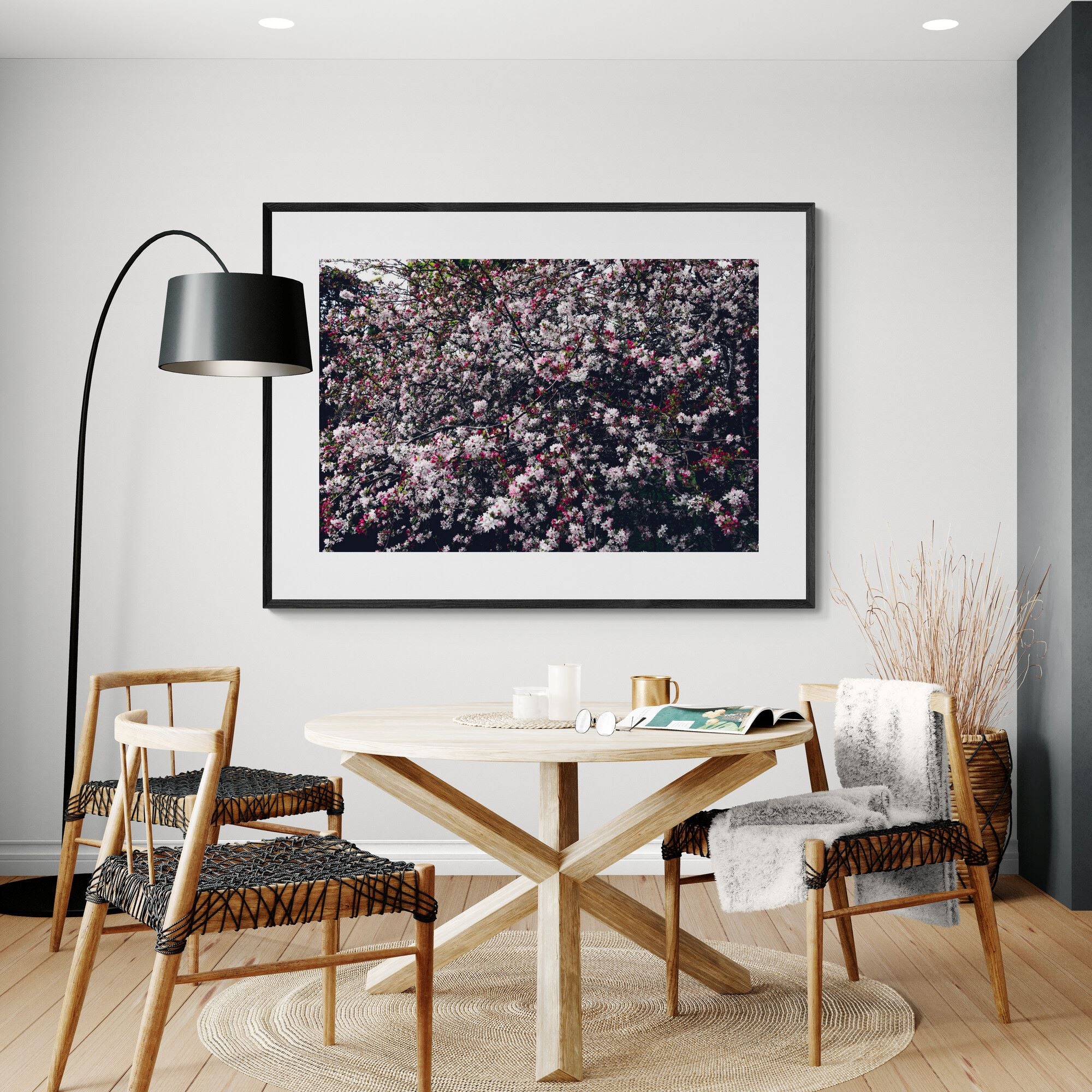 churchyard blossom tree print in bohemian-style-dining-area by Kirsten Clark Art