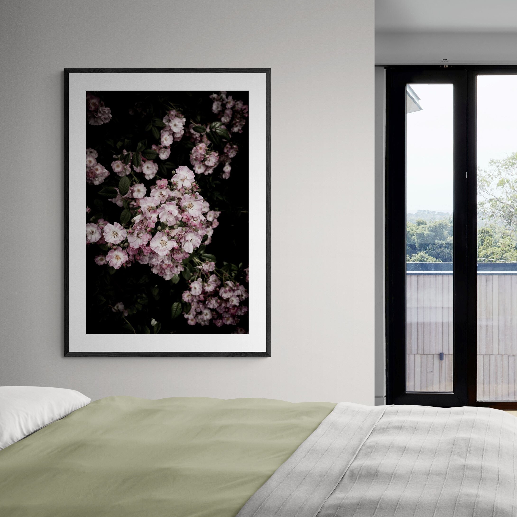 cottage garden roses print in modern-apartment-bedroom by Kirsten Clark Art