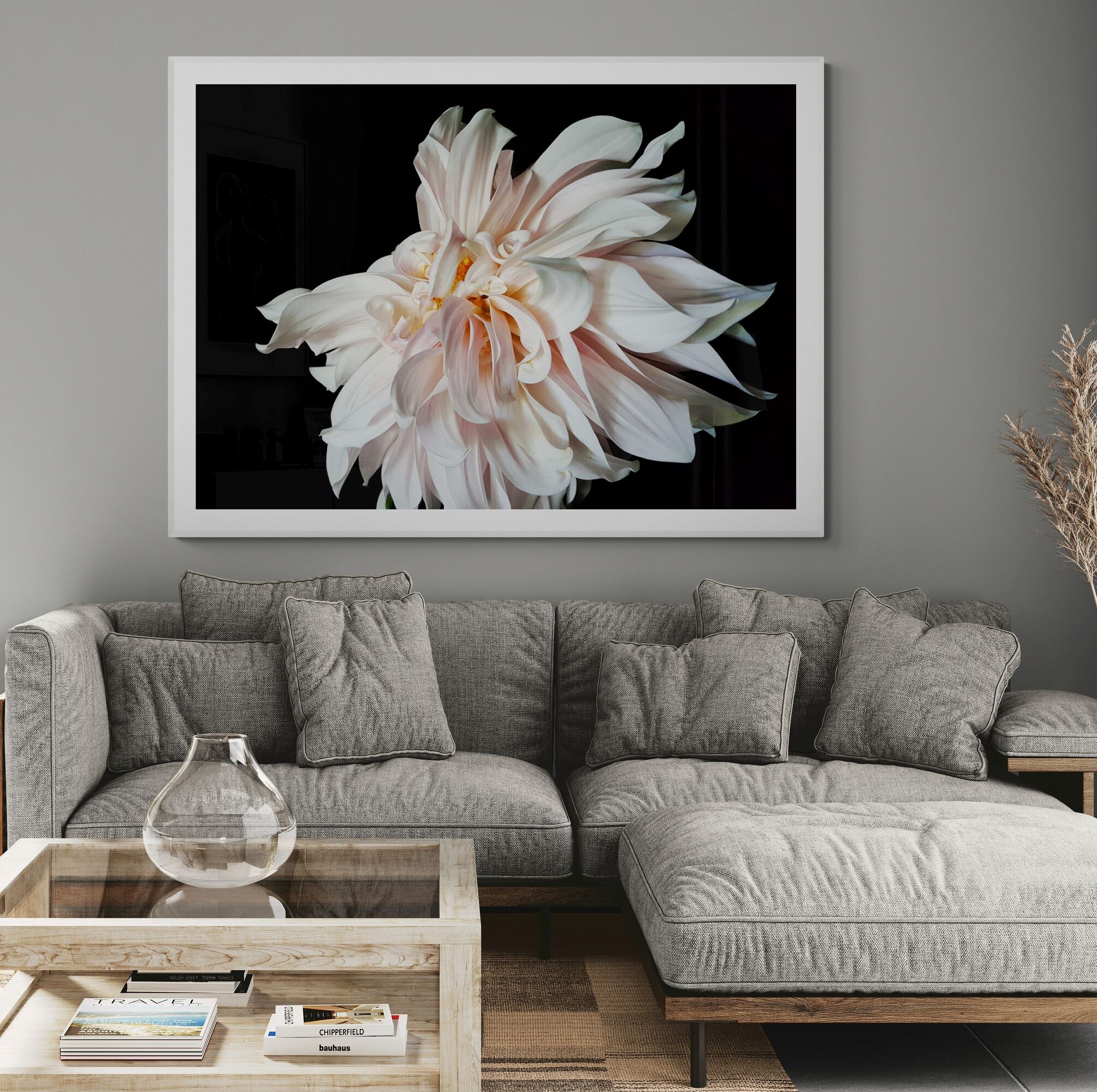dancing dahlia print in living-room by Kirsten Clark Art
