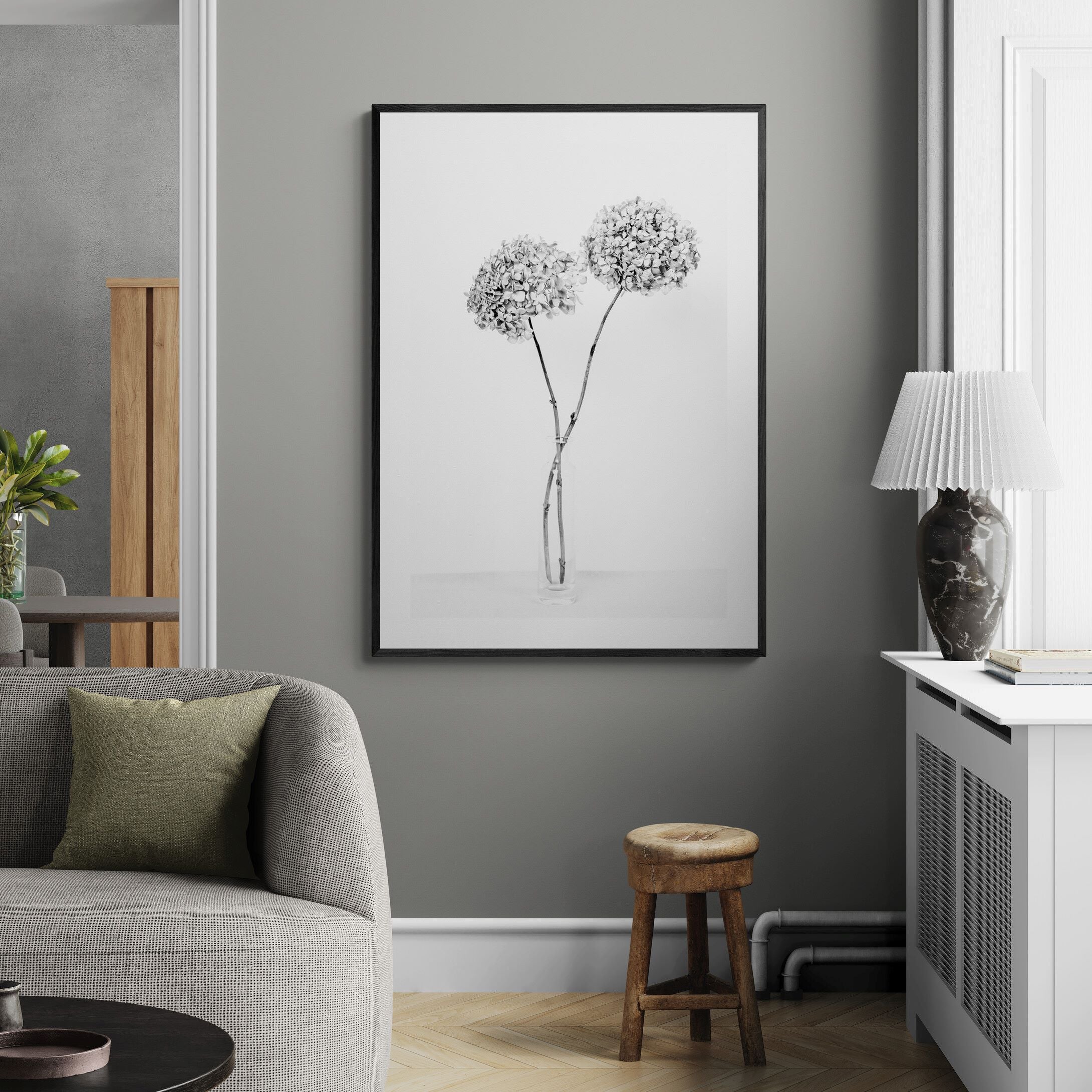 dried hydrangeas in a vase black & white print in living room by Kirsten Clark Art