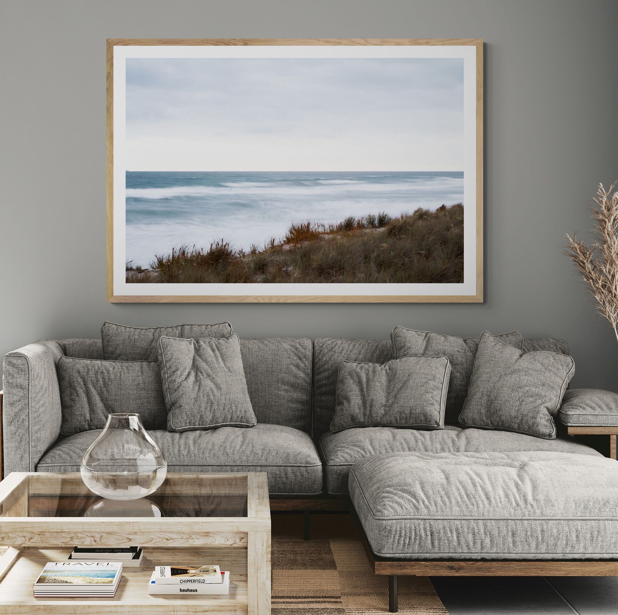 papamoa beach from the dunes print in living-room by Kirsten Clark Art