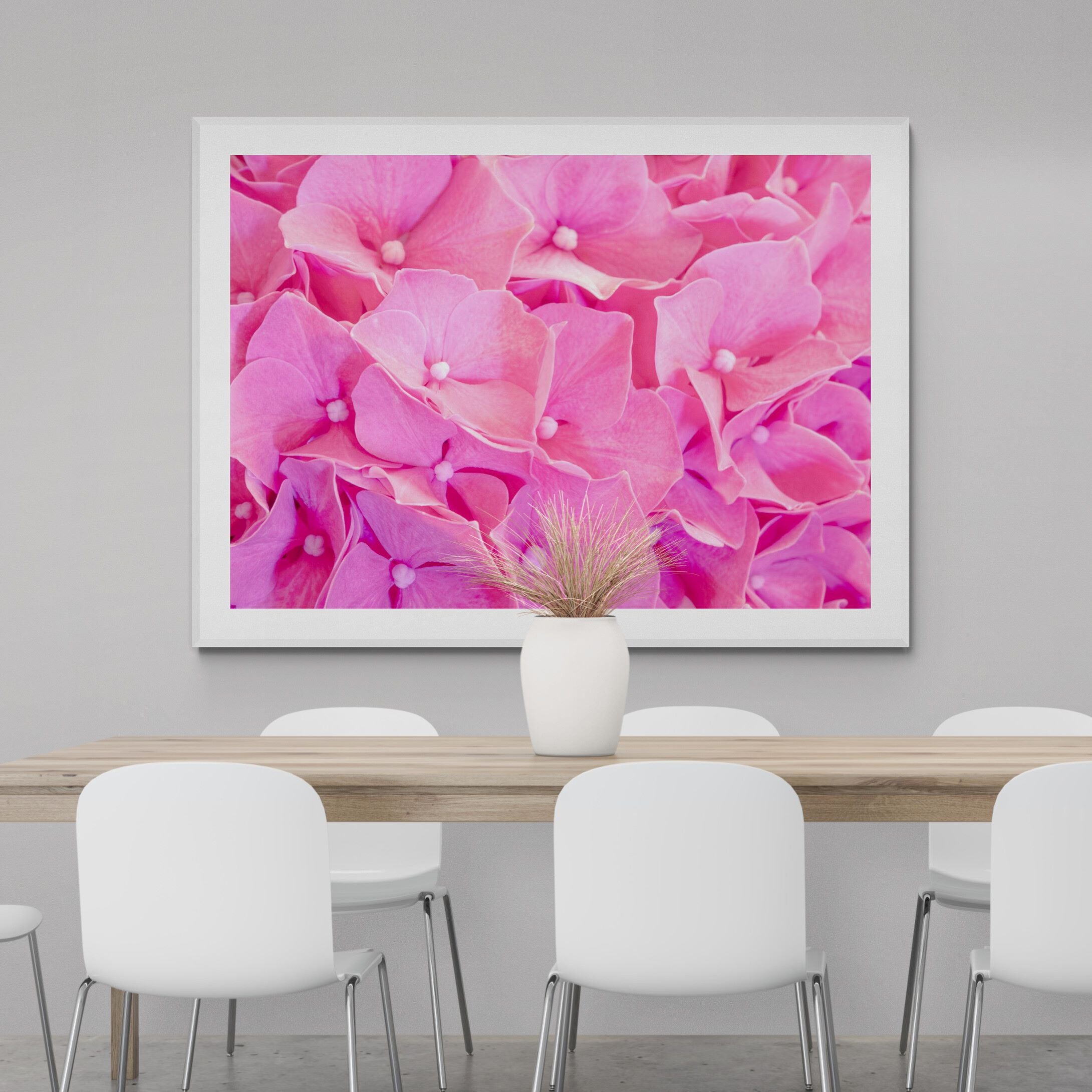 pink_hydrangea_print_in_modern-minimal-dining-room-interior by Kirsten Clark Art