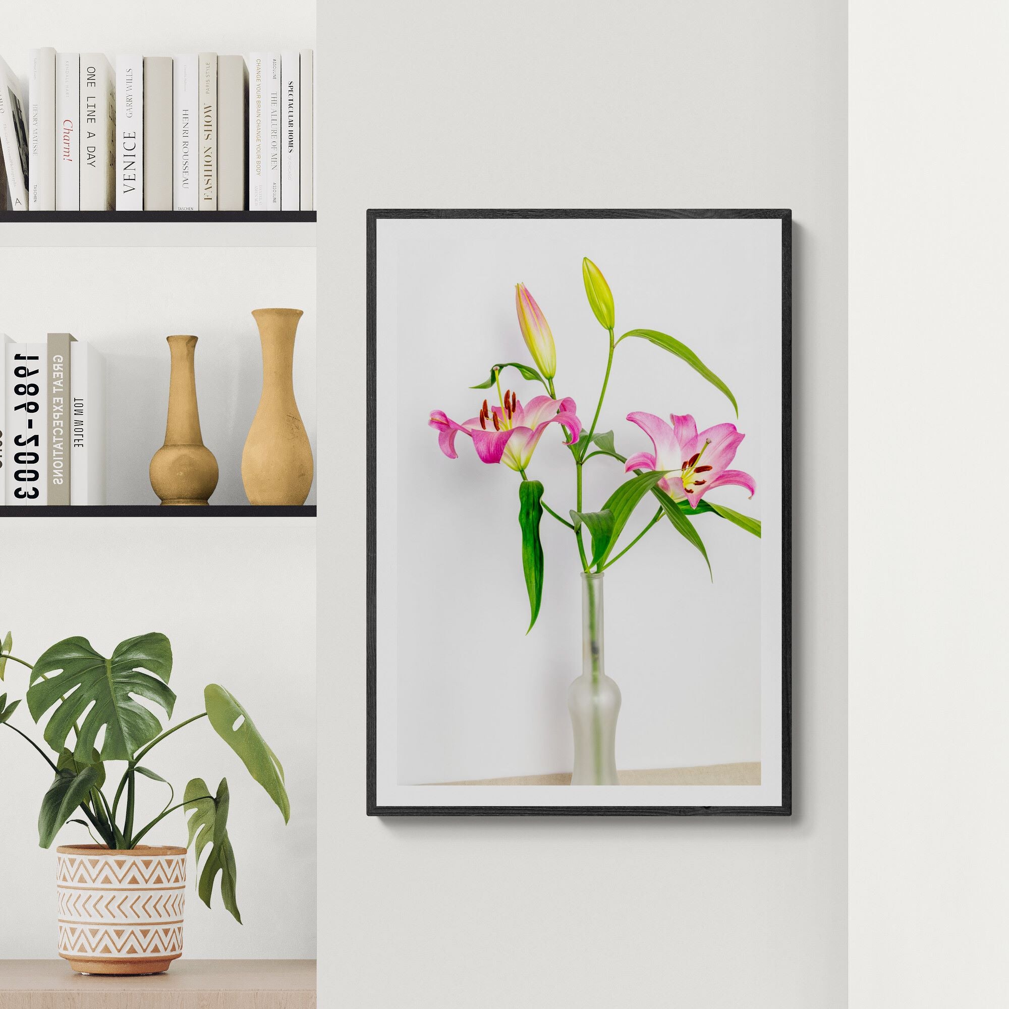 pink lilies in a vase print in living-room-corner by Kirsten Clark Art