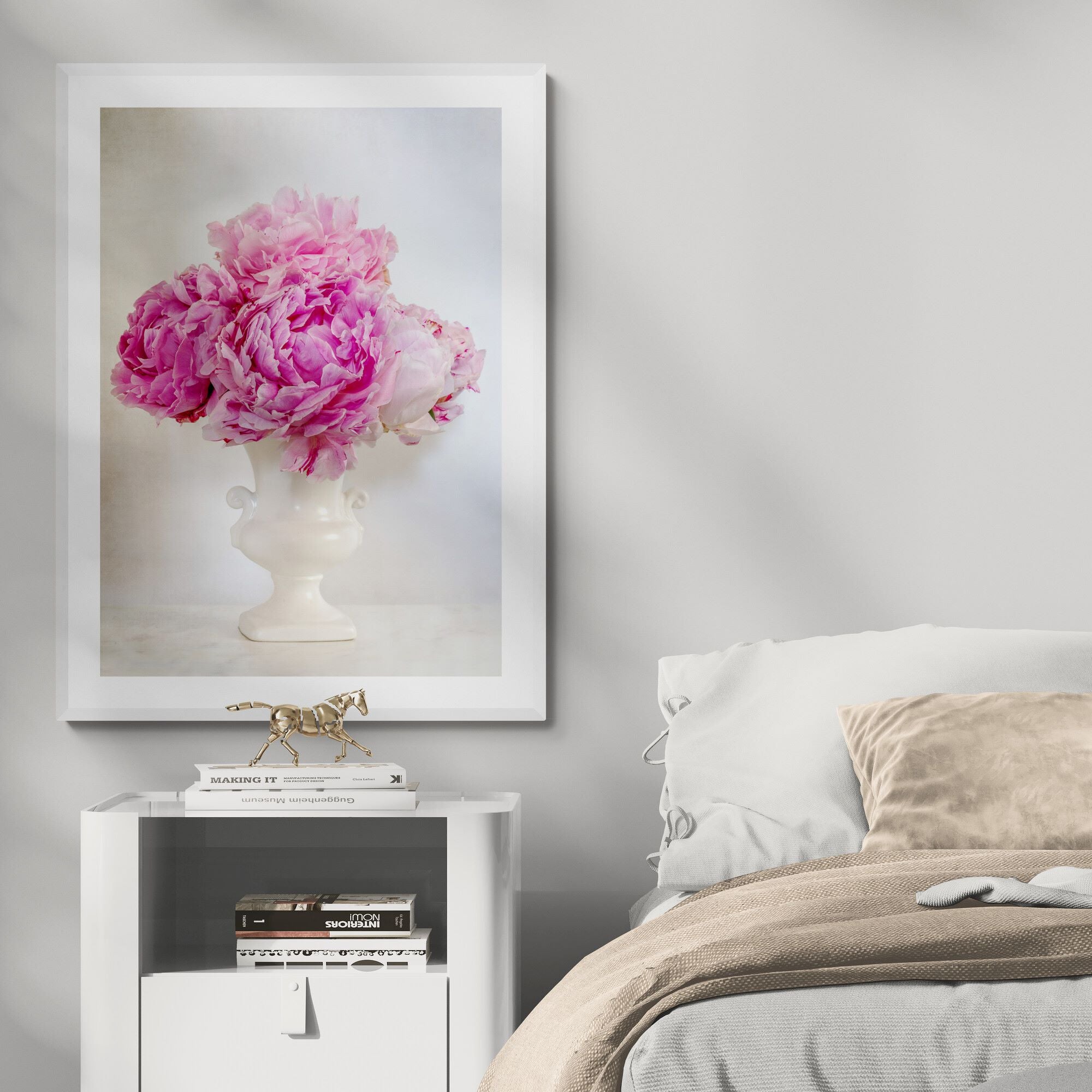 pink peonies in vase print in bedroom by Kirsten Clark Art