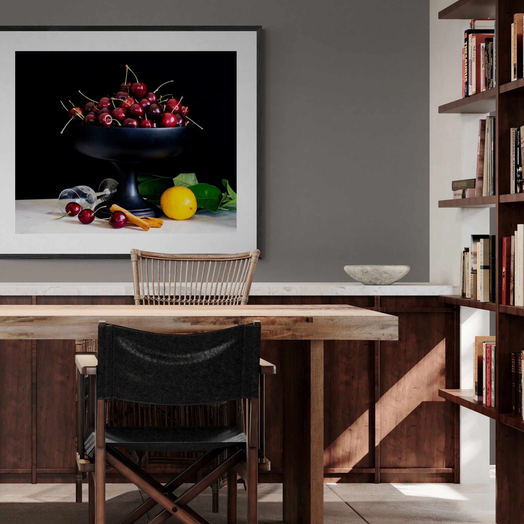 still life bowl of cherries print in dining-area-with-solid-wood-table by Kirsten Clark Art
