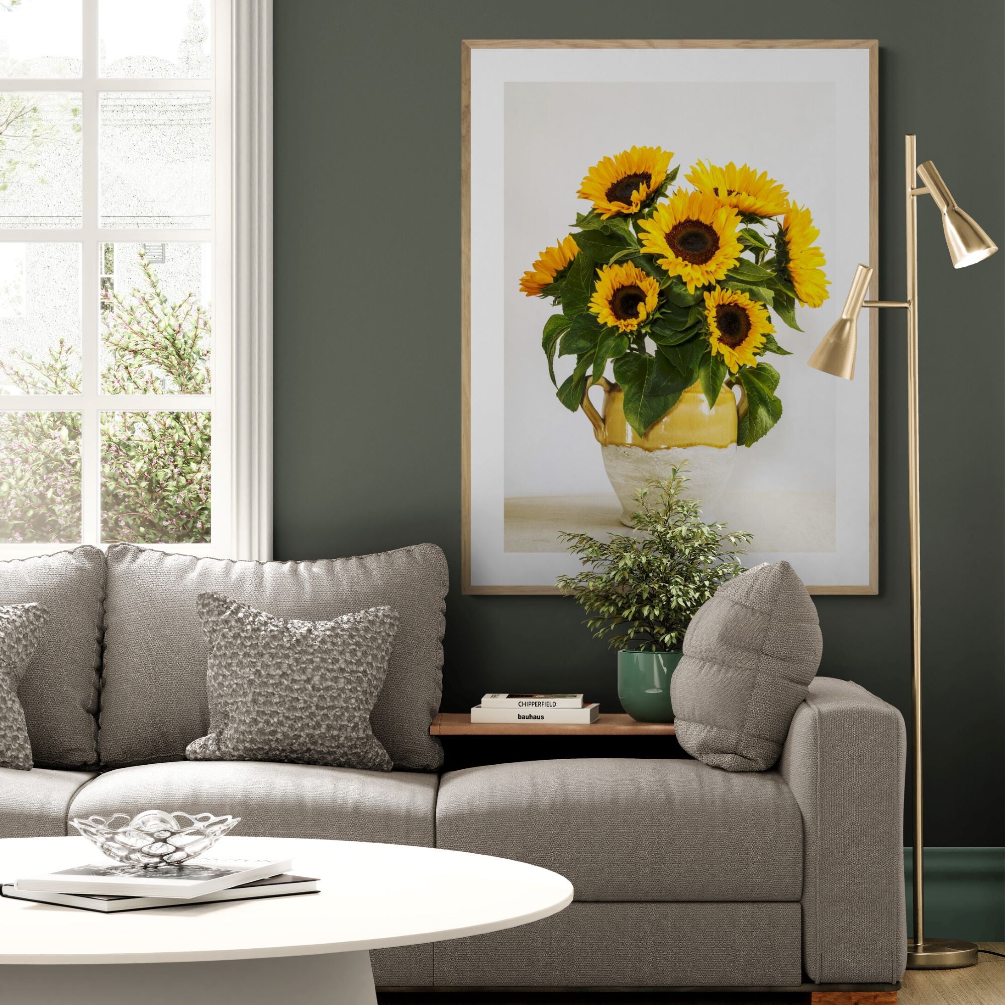 sunflowers_in_a_rustic_urn_print_in_living-room by Kirsten Clark Art