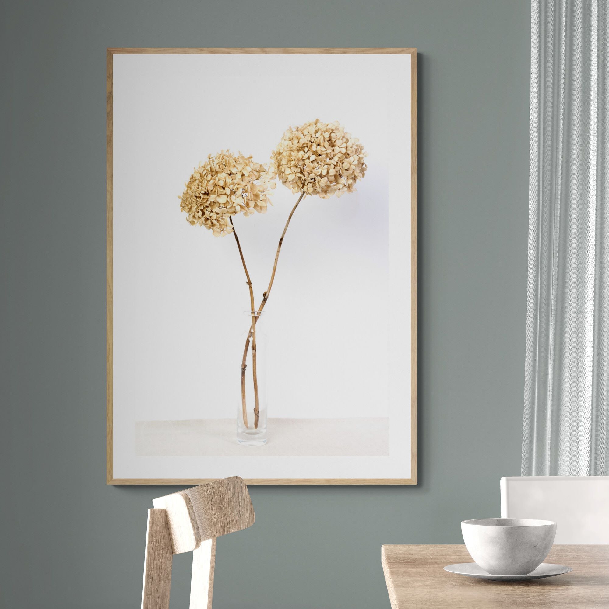 two dried hydrangeas in a vase in dining room by Kirsten Clark Art
