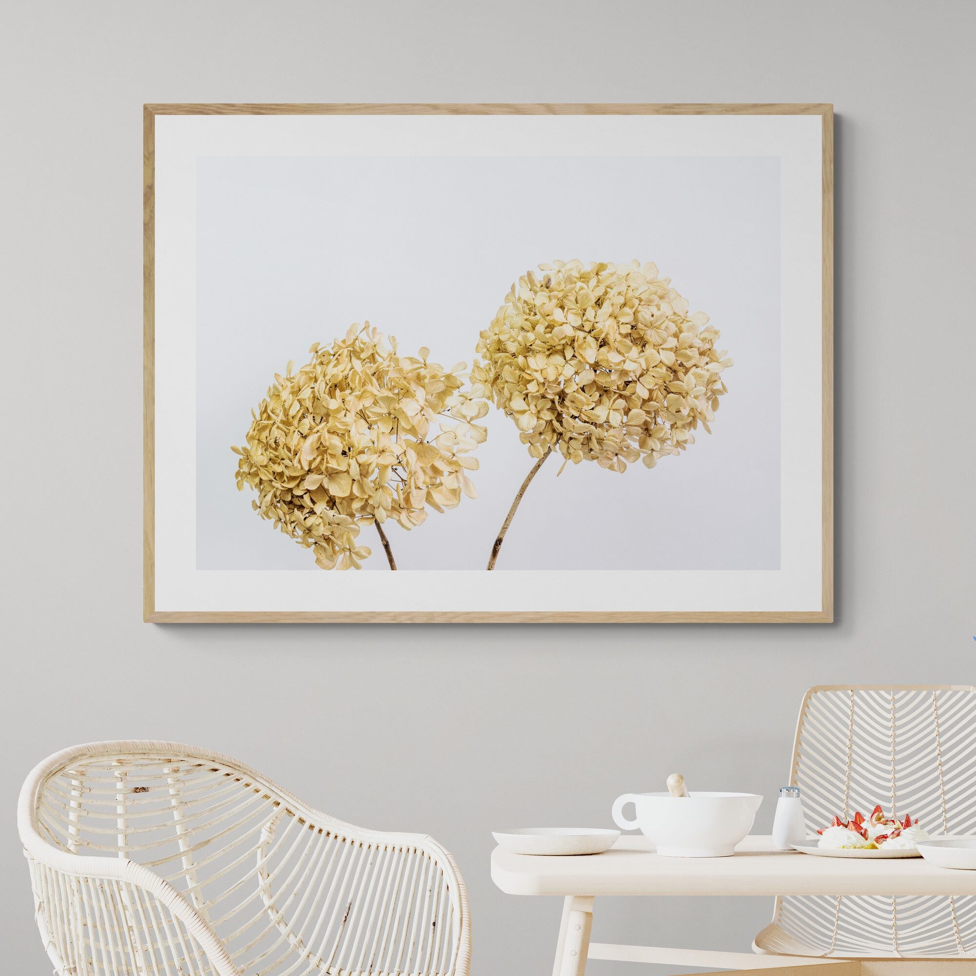 two dried hydrangeas print in dining-room by Kirsten Clark Art