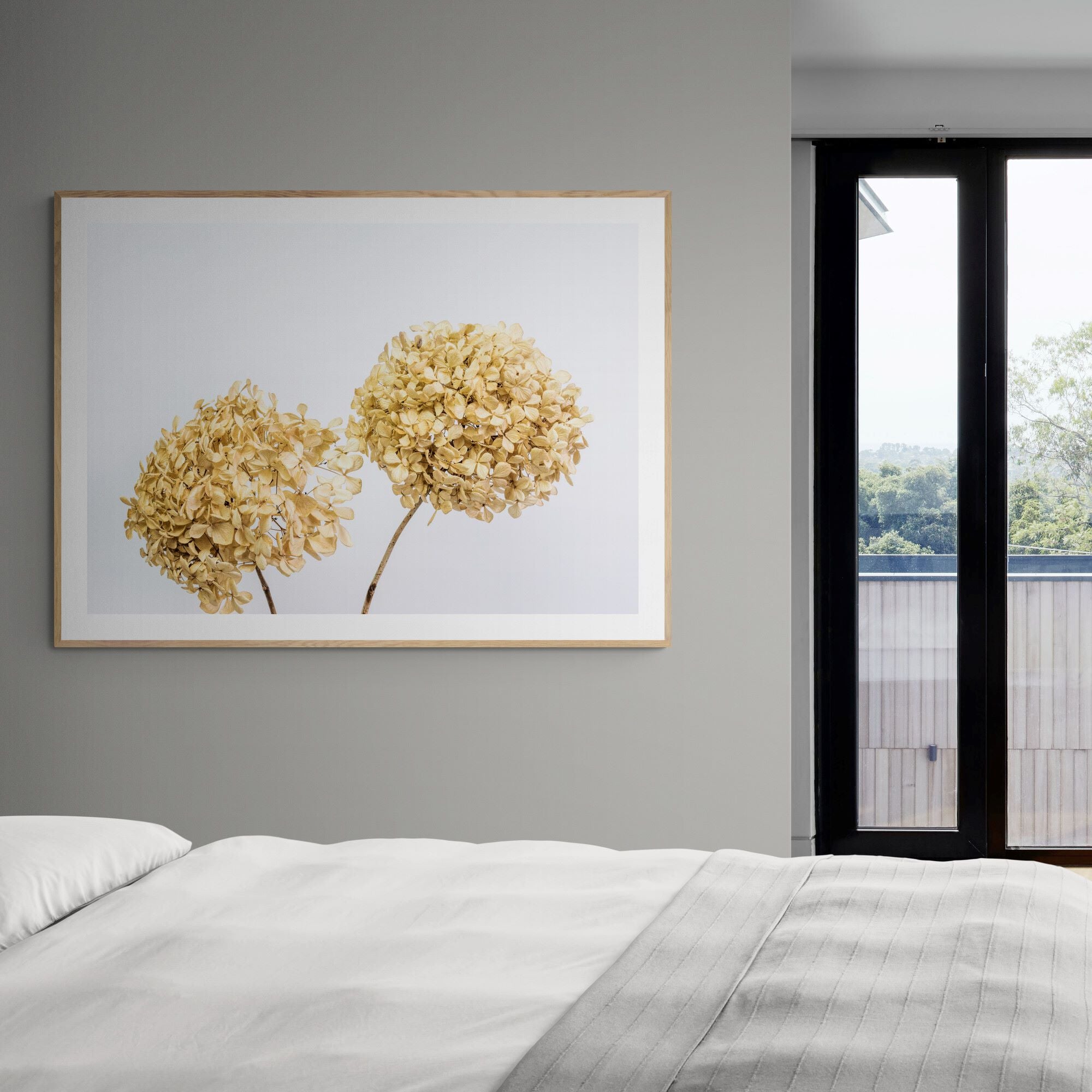 two dried hydrangeas print in modern-apartment-bedroom by Kirsten Clark Art