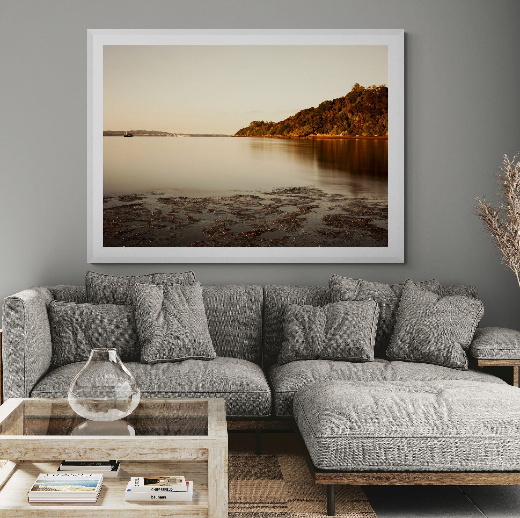waiheke Blackpool beach print in living-room by Kirsten Clark Art