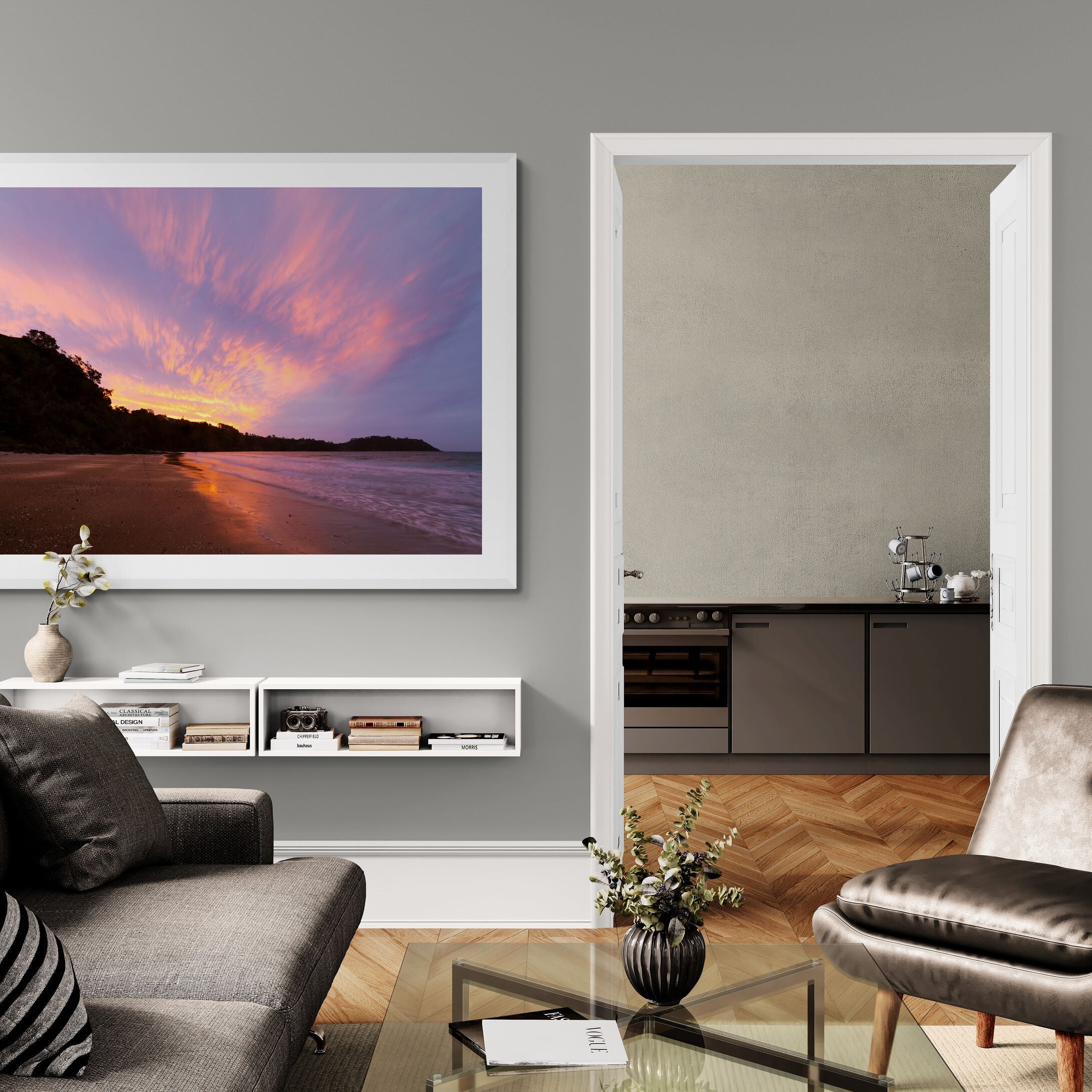waiheke onetangi beach sunset print in living-room by Kirsten Clark Art