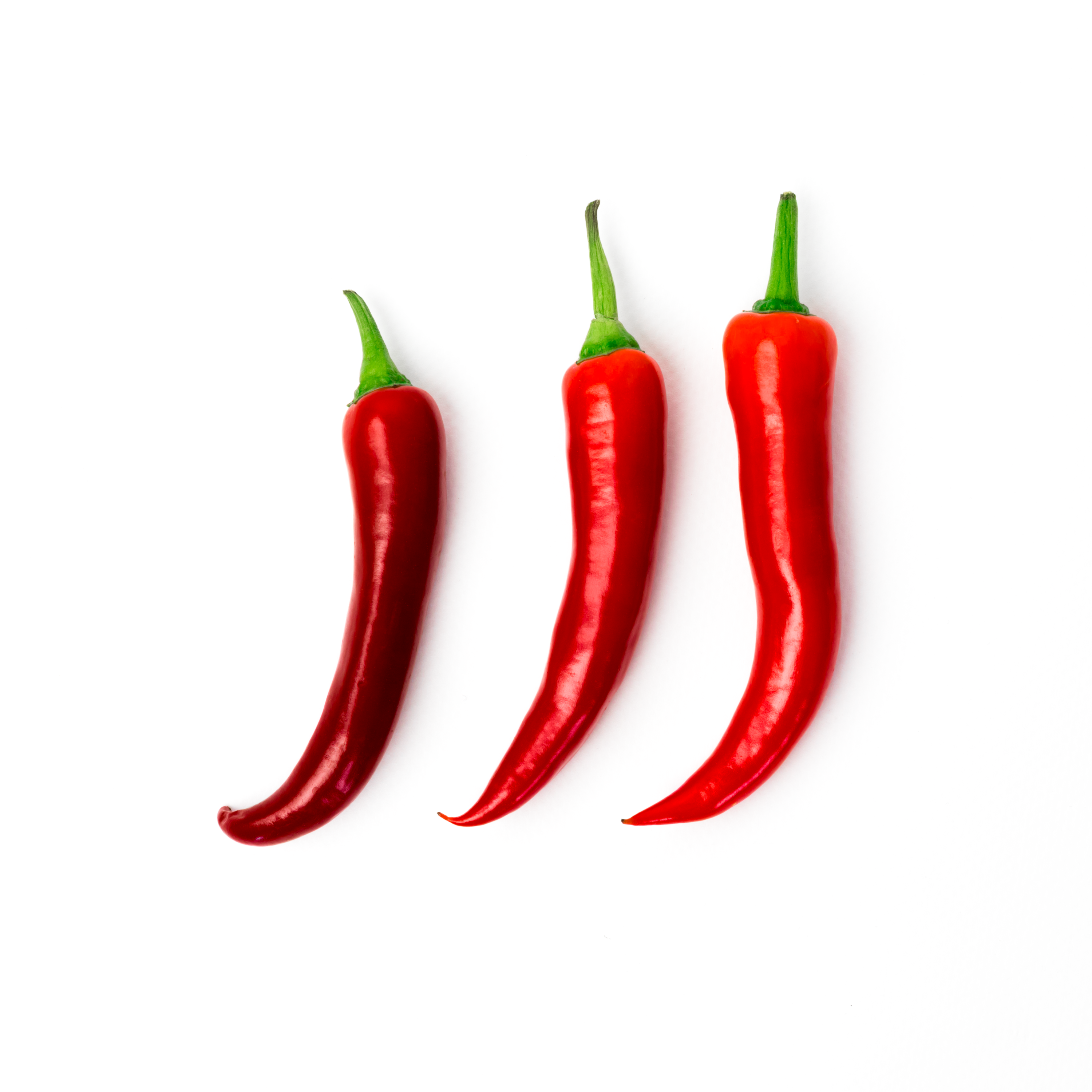 Three red chilli peppers on a white background – open edition art print by Kirsten Clark