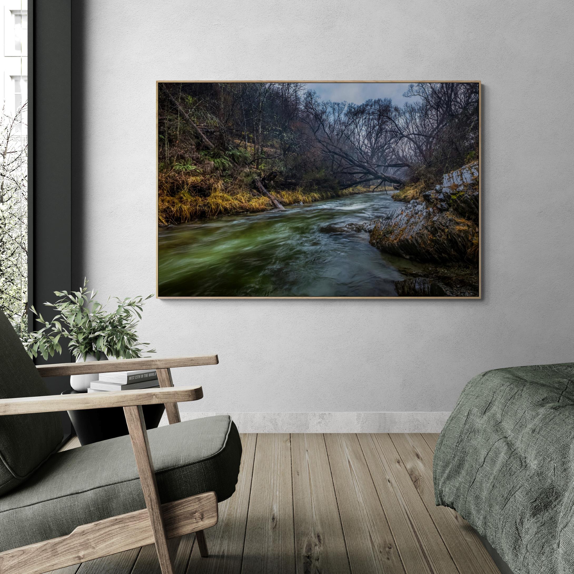 Arrowtown River Canvas Print in Bedroom with natural Frame by Kirsten Clark photography