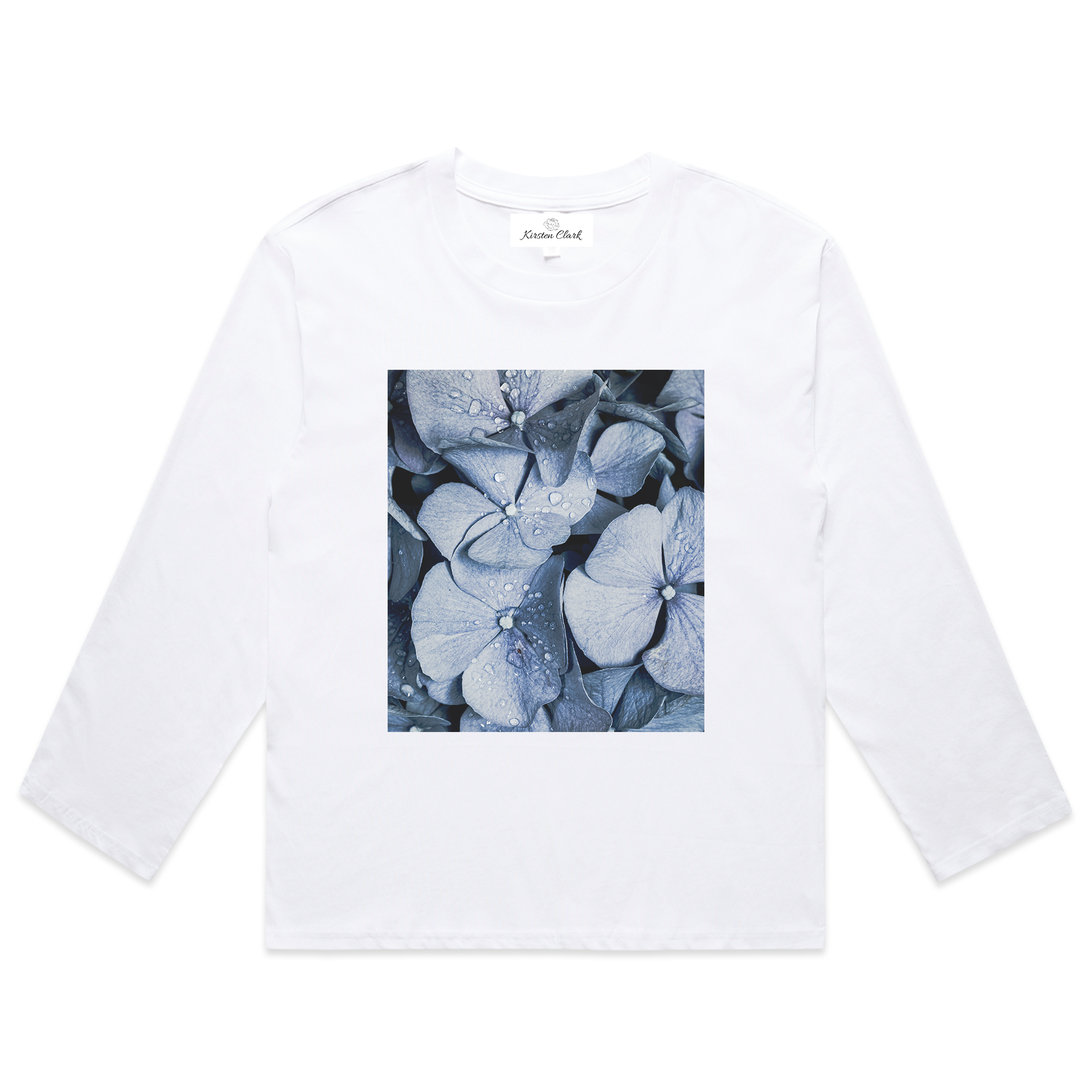 Blue Denim Hydrangea Block  - Relaxed-Fit Crew Neck Long Sleeve Tee