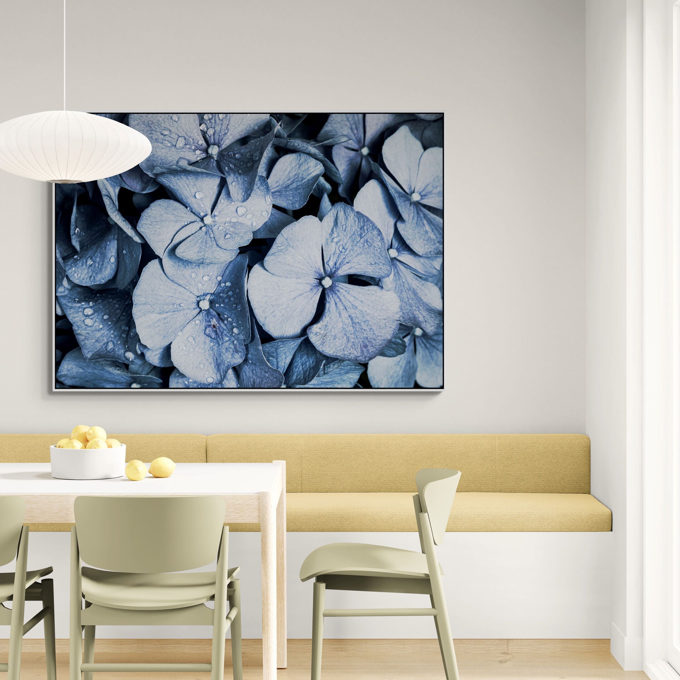 Blue Denim Hydrangea Canvas Print in dining-room by Kirsten Clark Art