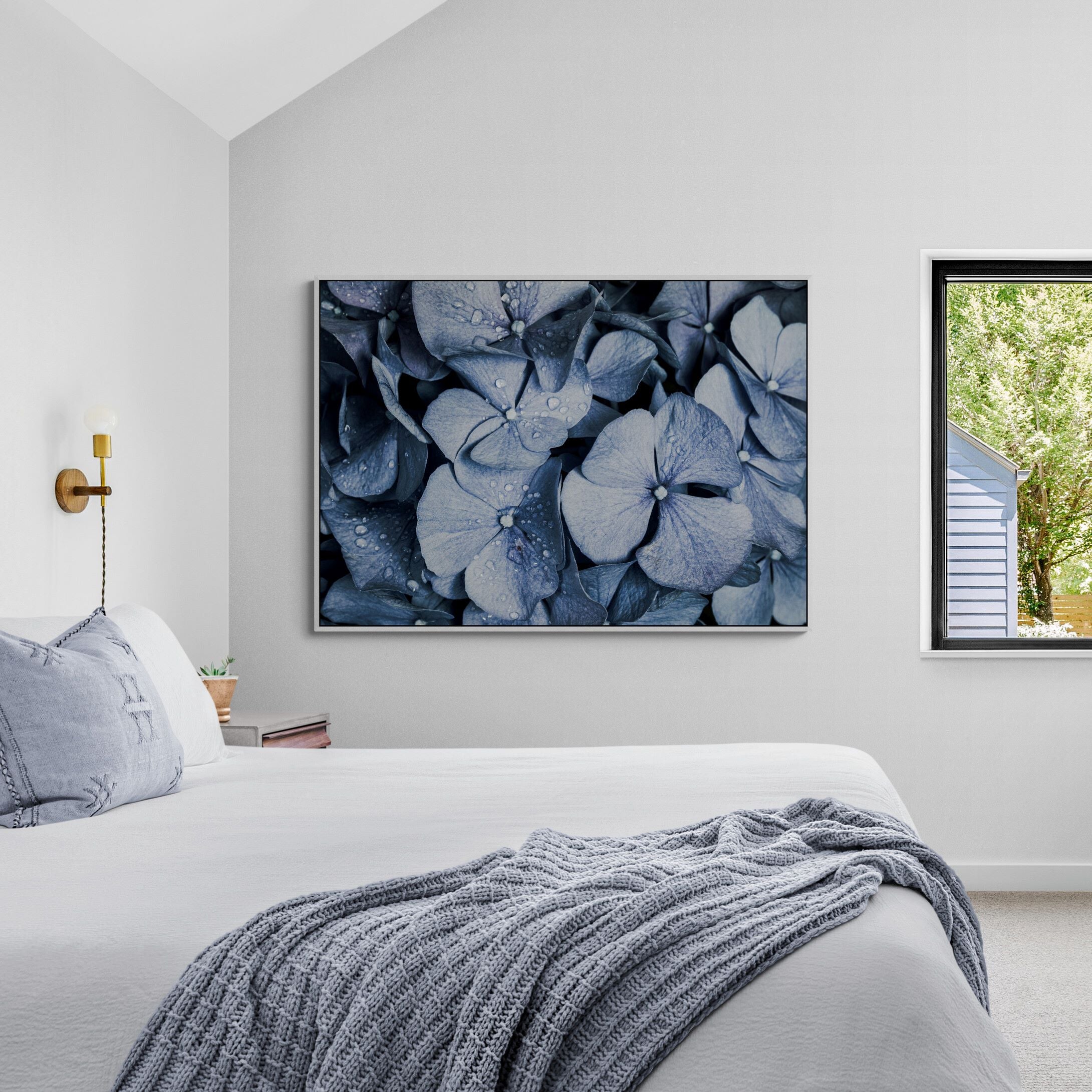 Blue Denim Hydrangeas Canvas Print in bedroom by Kirsten Clark Art