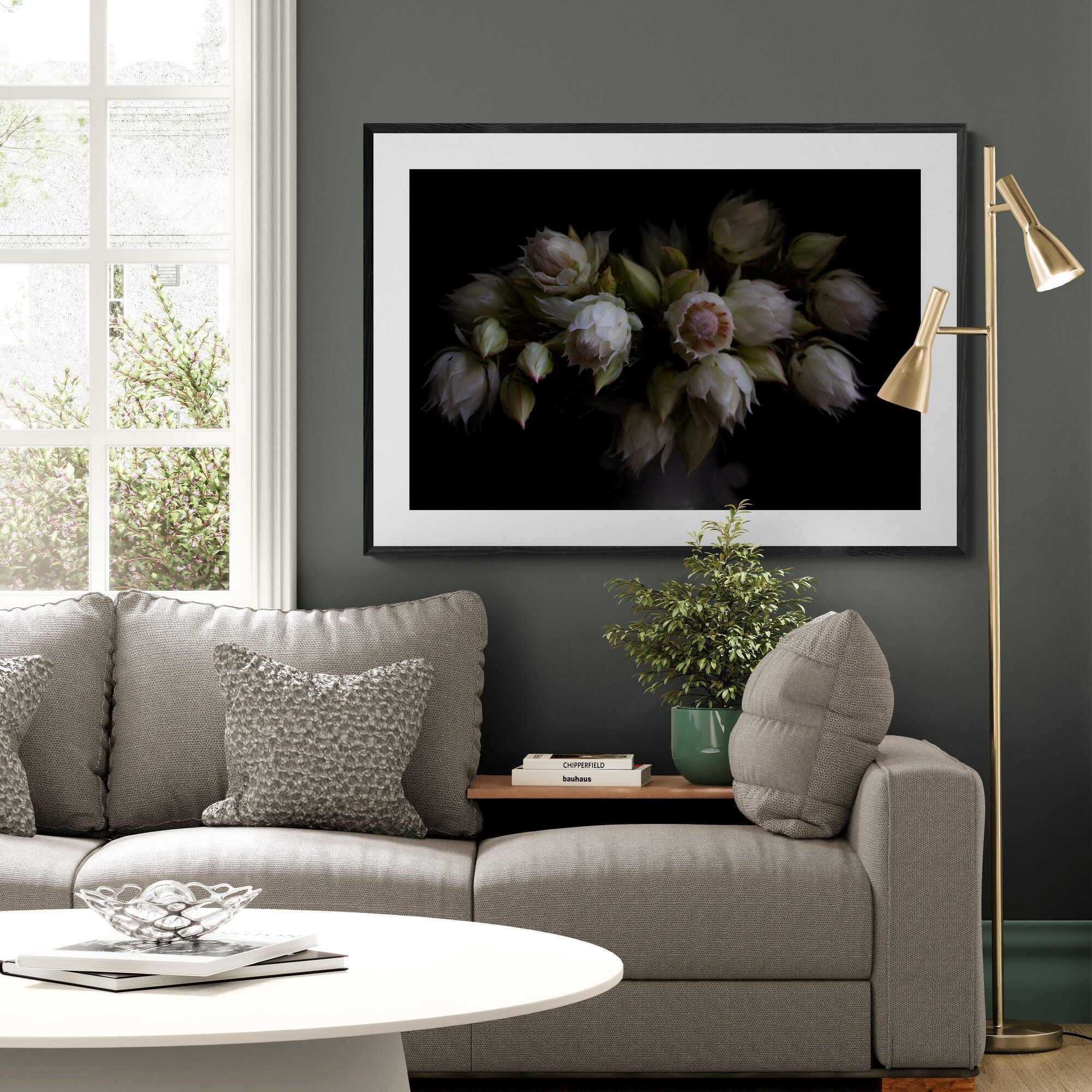 Blushing Brides floral print in living room by Kirsten Clark Art