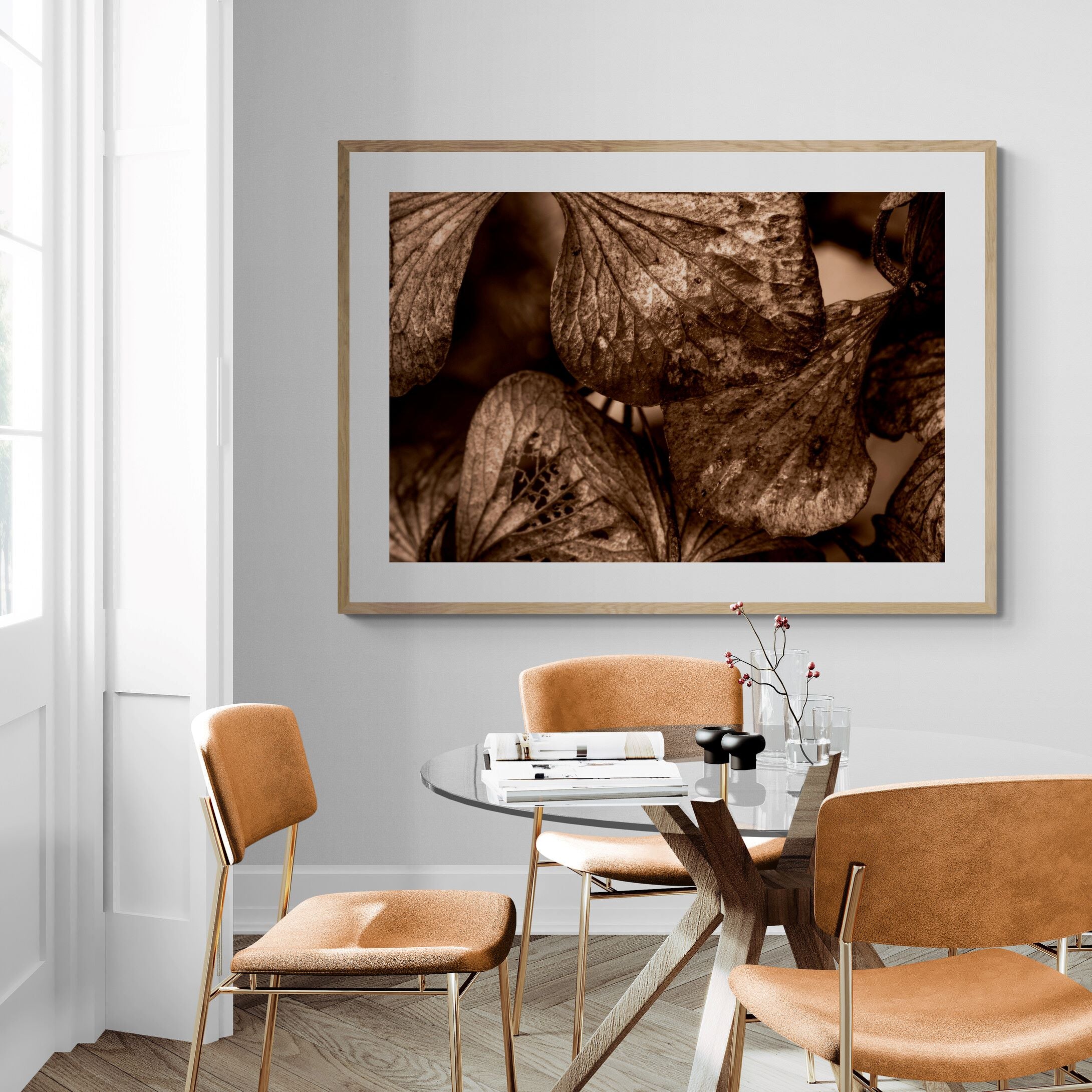 Bronze Hydrangeas in stylish-dining-room by Kirsten Clark Art