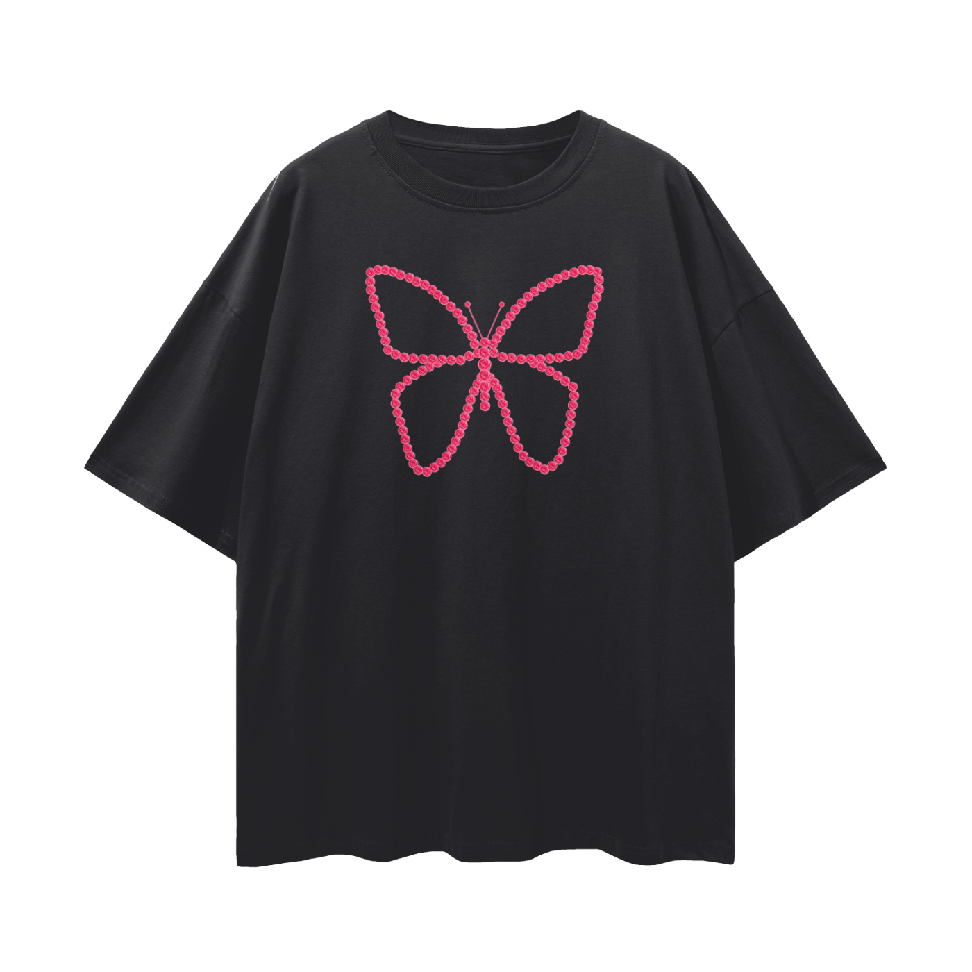 Pink Butterfly Tee relaxed to oversized fit on black tee artwear