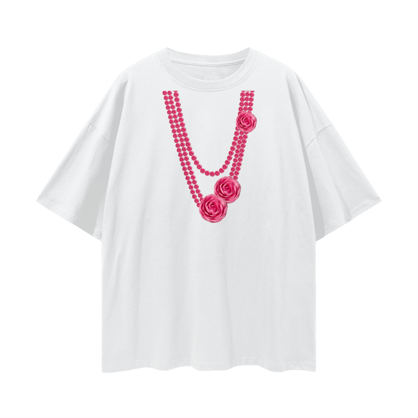 A white short-sleeve t-shirt featuring a graphic print of a pink beaded necklace with camellia details.